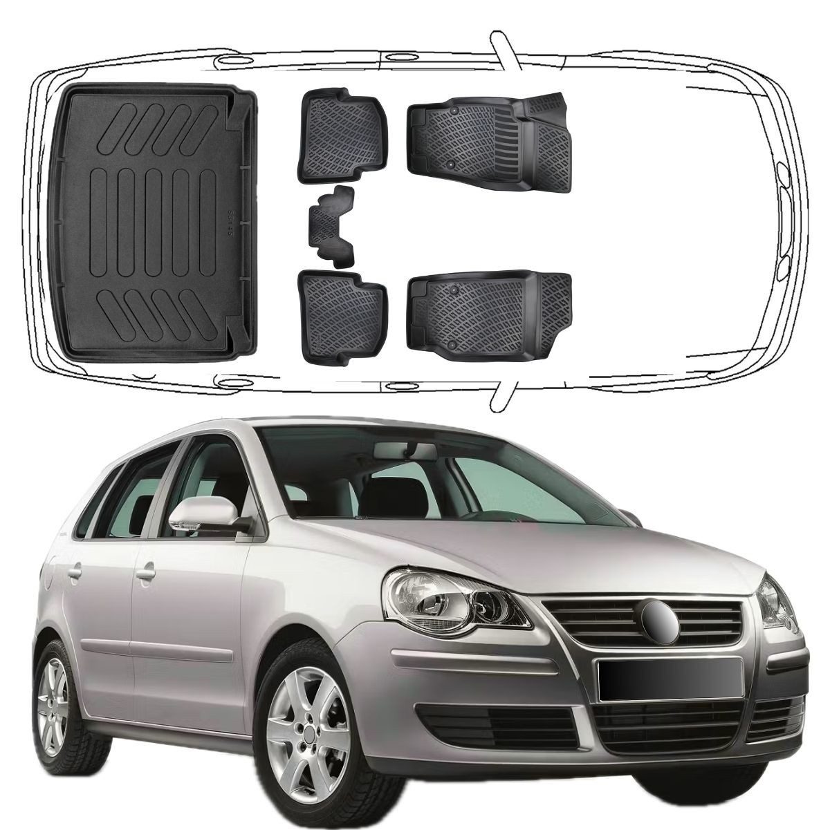 Trimak Passform-Fußmatten Oder Kofferraumwanne Oder Set kompatibel mit Volkswagen Polo, VW Polo IV 2001-2009 Gummimatten Auto & Kofferraummatte TPE Antirutsch