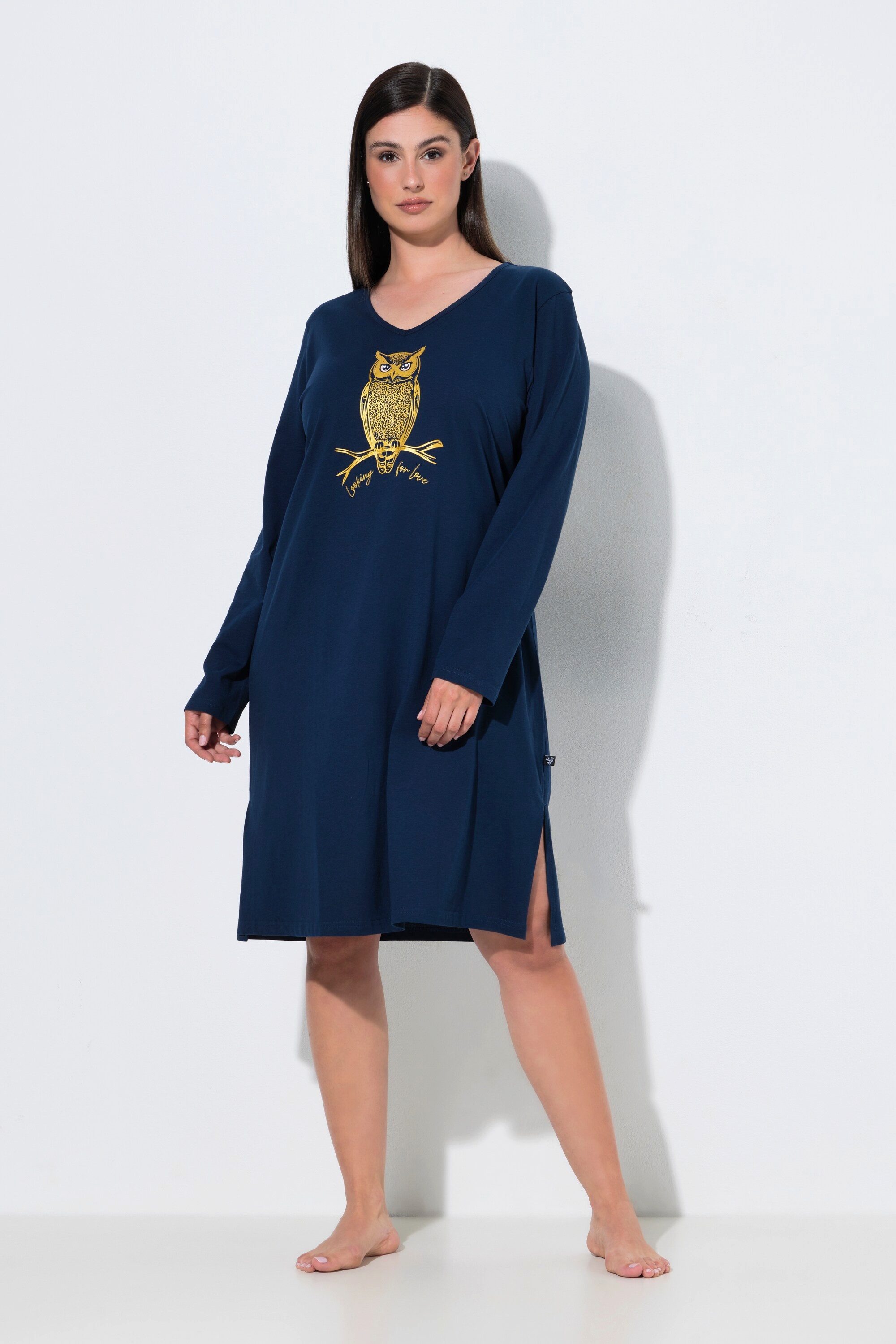 Ulla Popken Bigshirt Bigshirt Eule V-Ausschnitt Langarm