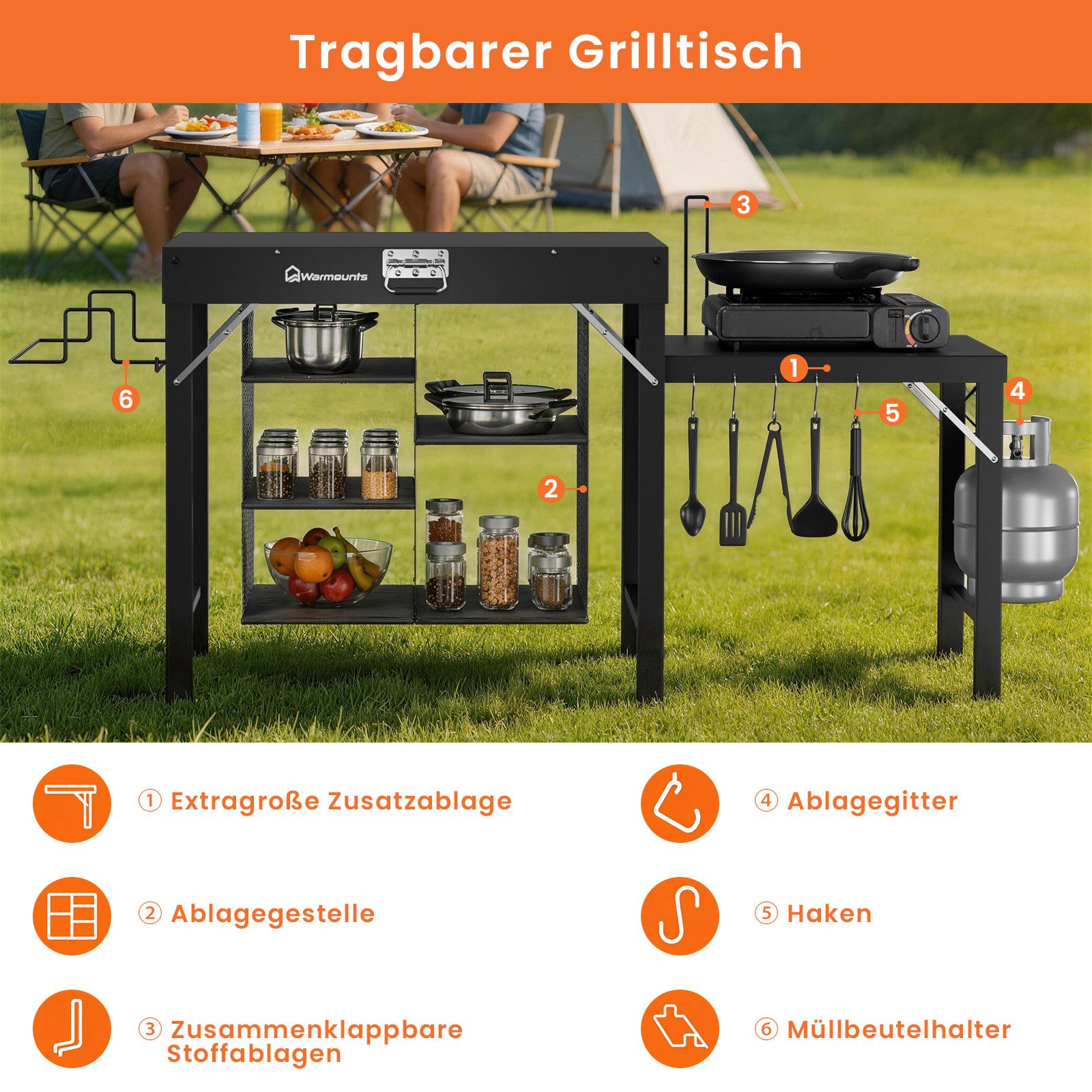 Warmounts Grillablagetisch 3-Etagen Multifunktional Grilltisch Service-Tisch Klappbar 110x45x75cm (Gartentisch BBQ Grilltisch mit Arbeitsplatte und Staufächern, 5 Haken), Haupttisch Tragfähigkeit bis 200kg, für Outdoor, Garten & Picknick