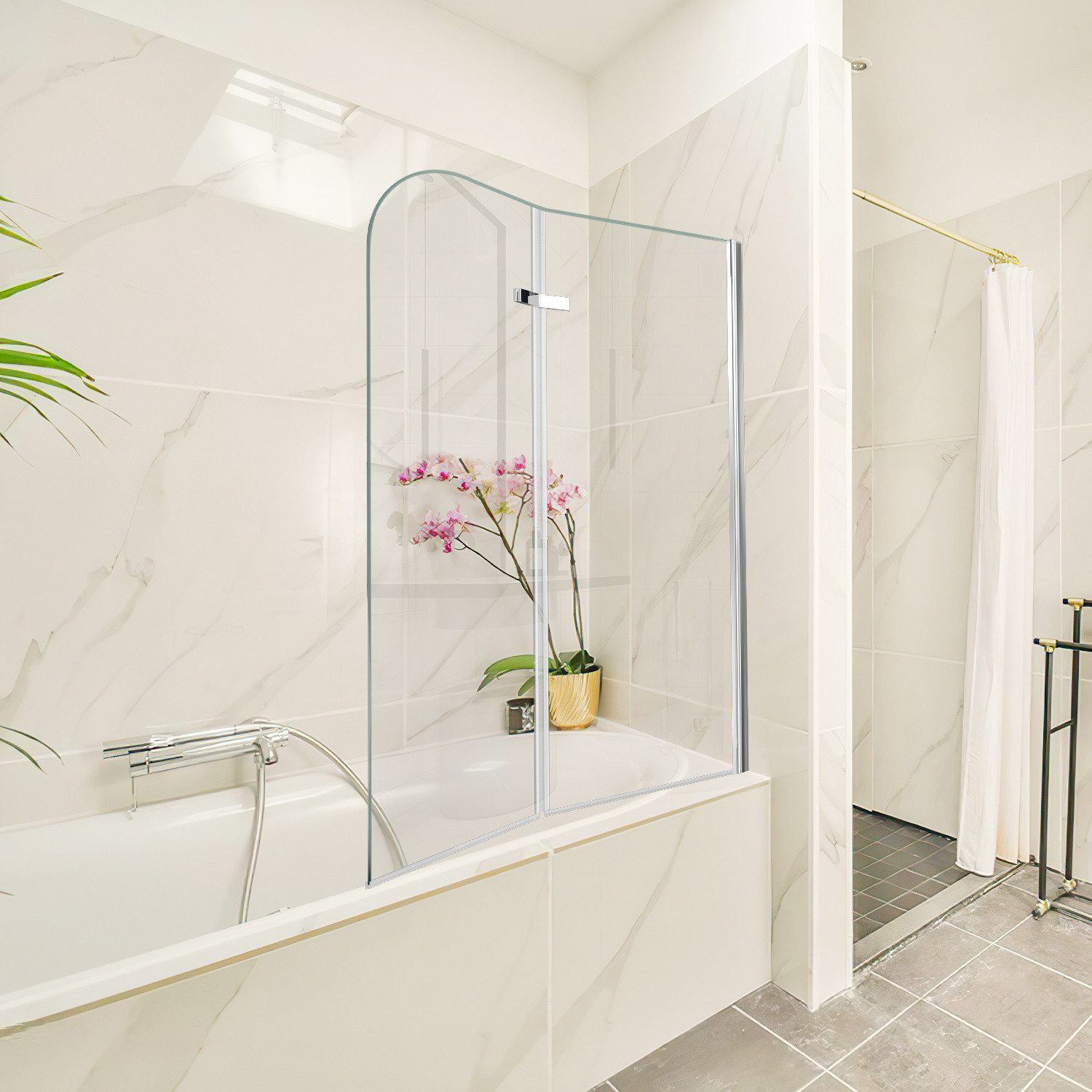 Clanmacy Badewannenaufsatz Duschwand Badewanne 100x140 cm 2-teilig ESG 6 mm Silber
