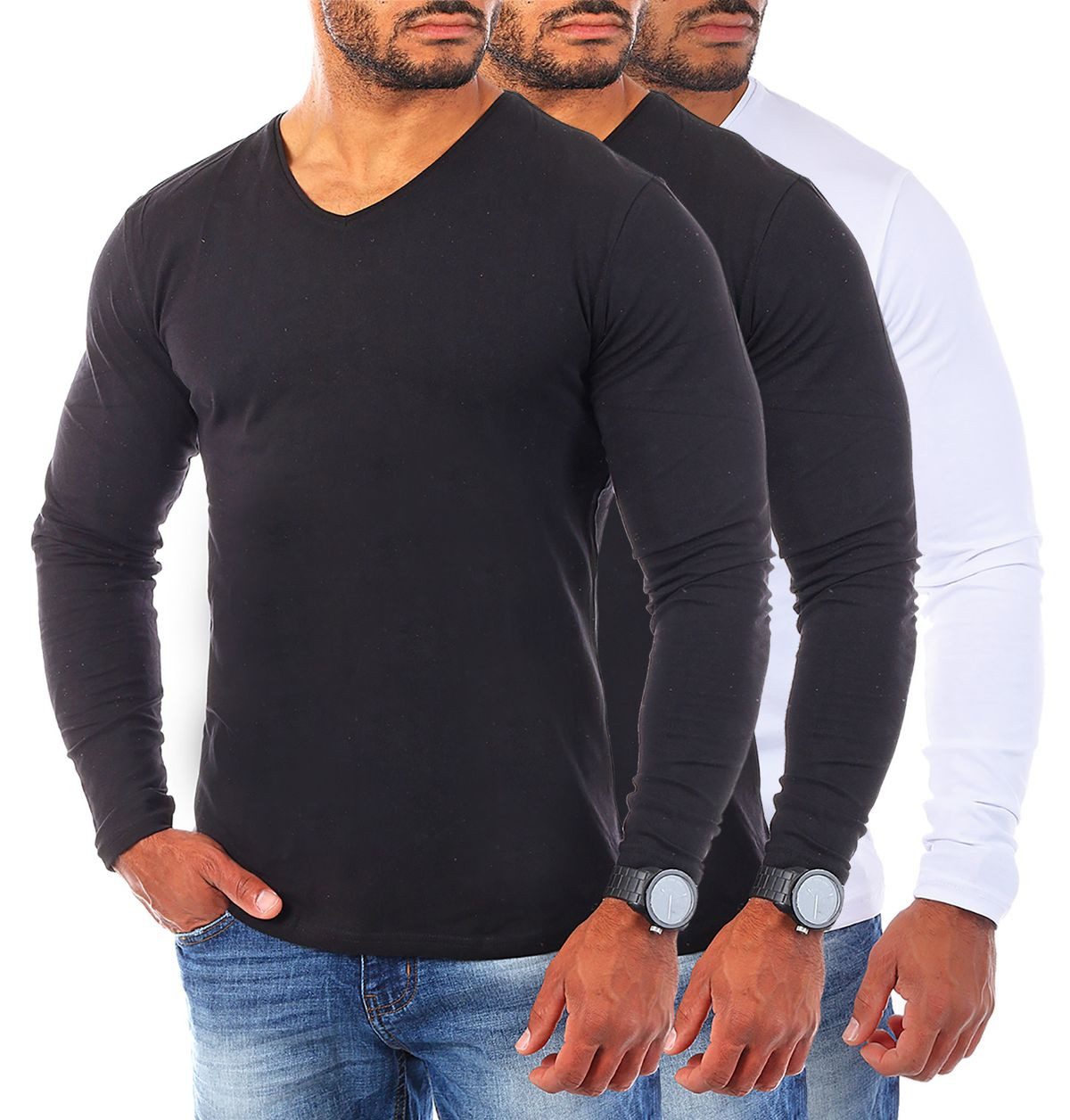 Young & Rich Langarmshirt Herren Uni Basic Longsleeve V-Ausschnitt V-Neck U günstig online kaufen