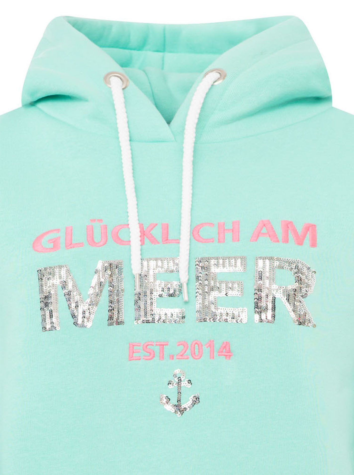 Zwillingsherz Hoodie "Glücklich am Meer" mit Pailletten, Kapuze und kontrastfarbigen Bündchen