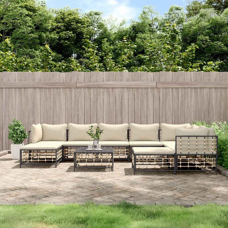 vidaXL Loungesofa 10-tlg. Garten-Lounge-Set mit Kissen Anthrazit Poly Rattan, 10 Teile