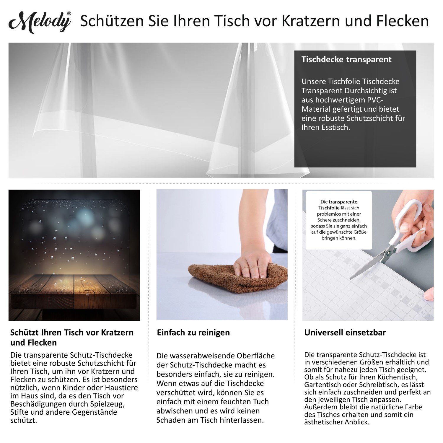 durchsichtig Tischdecke Schützen Tischschutz-Folie, Tisch Tischfolie Flecken - transparent Kratzern Tischdecke vor Wasserabweisend Sie Melody und Ihren