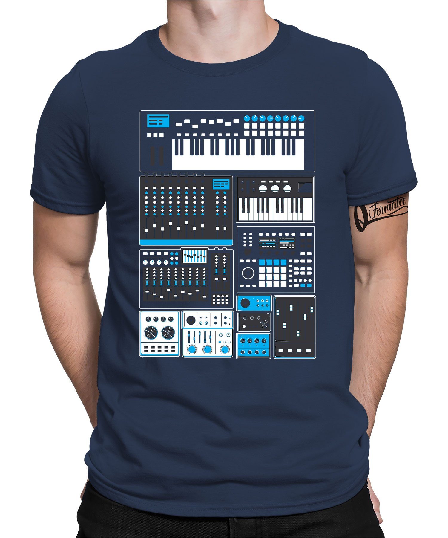 Quattro Formatee Kurzarmshirt Analog Musiker Elektronische Keyboard Synthesizer Music Blau - (1-tlg) Navy Modular