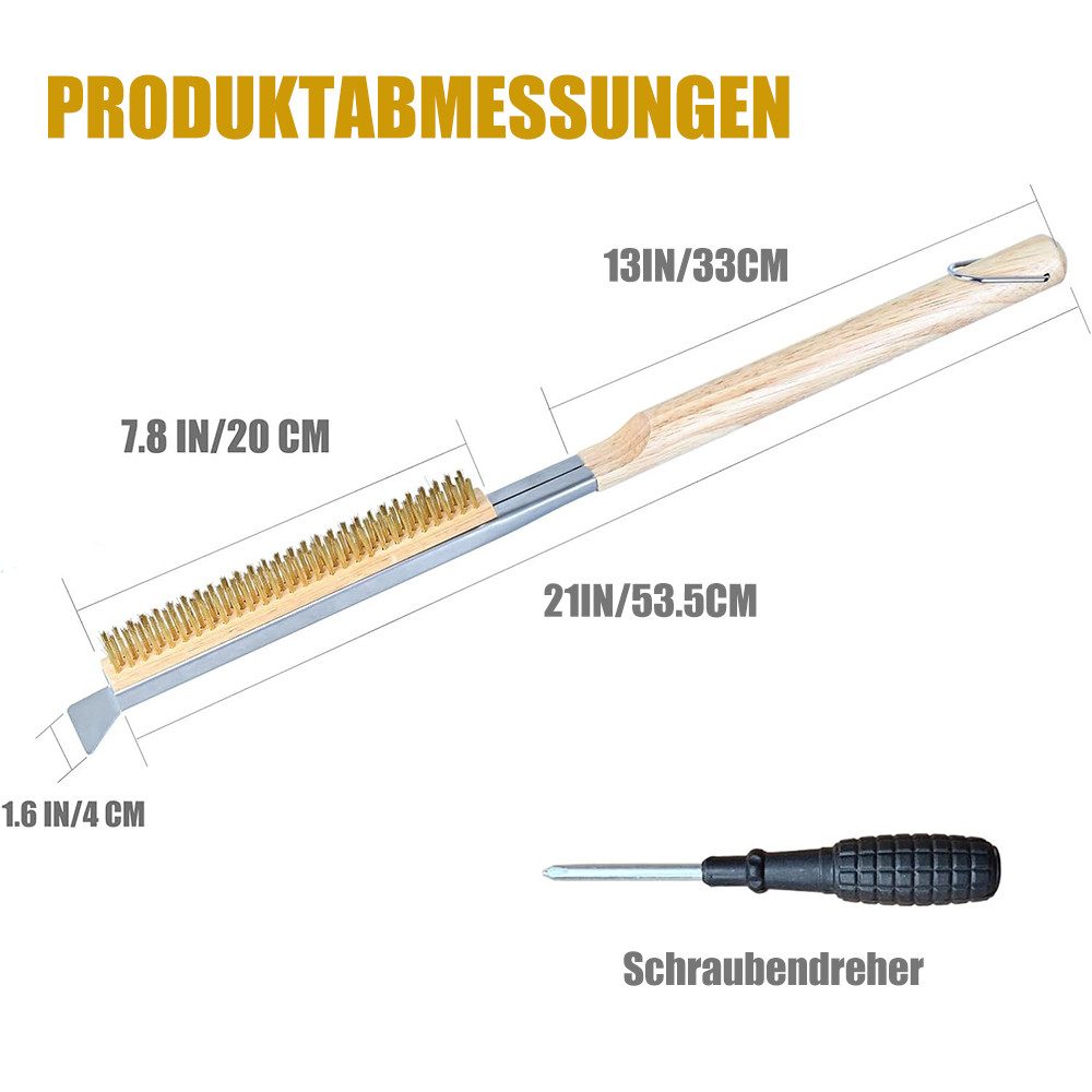 AFKSMILE Grillbürste Pizzaofen Bürste mit Edelstahl-Schaber, Grillbürste mit Messingborsten, Holzgriff mit Aufhängeöse, Reinigungsbürste für Outdoor Pizzaöfen – Bild 2 von 5