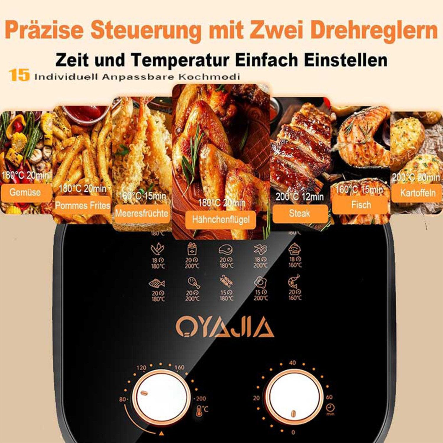 oyajia Heißluftfritteuse Airfryer 5L mit Sichtfenster, Drehknopf für Temperatur & Timer, Ohne ÖL, Kompakter Heißluftfritteuse mit 15 Menüoptionen, 1500 W, 3D-He – Bild 5 von 5