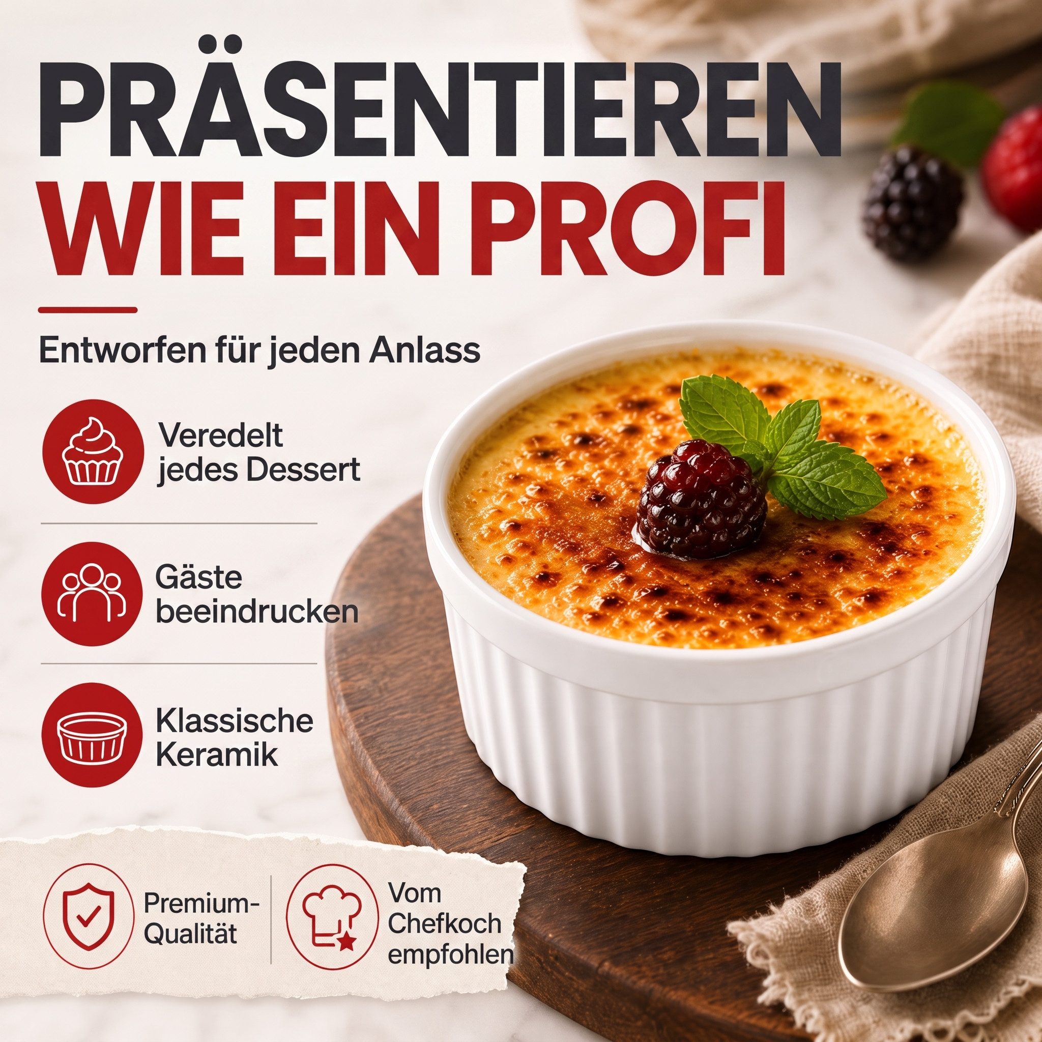Dimono Dessertschale DIMONO Crème-Brûlée & Soufflé Förmchen – 8er Keramik Dessert Set, Keramik, (Schälchen mit 170 ml, 8-tlg), Schalen