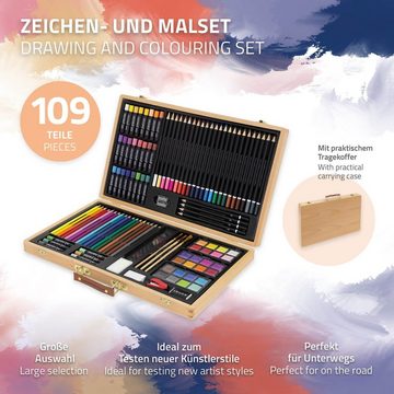 ECD Germany Malstift Malkasten Kunst-Zeichenset Zeichnen Künstler Set, 109-Teilig Holzkoffer Farbstifte Wasserfarben Ölpastellkreiden