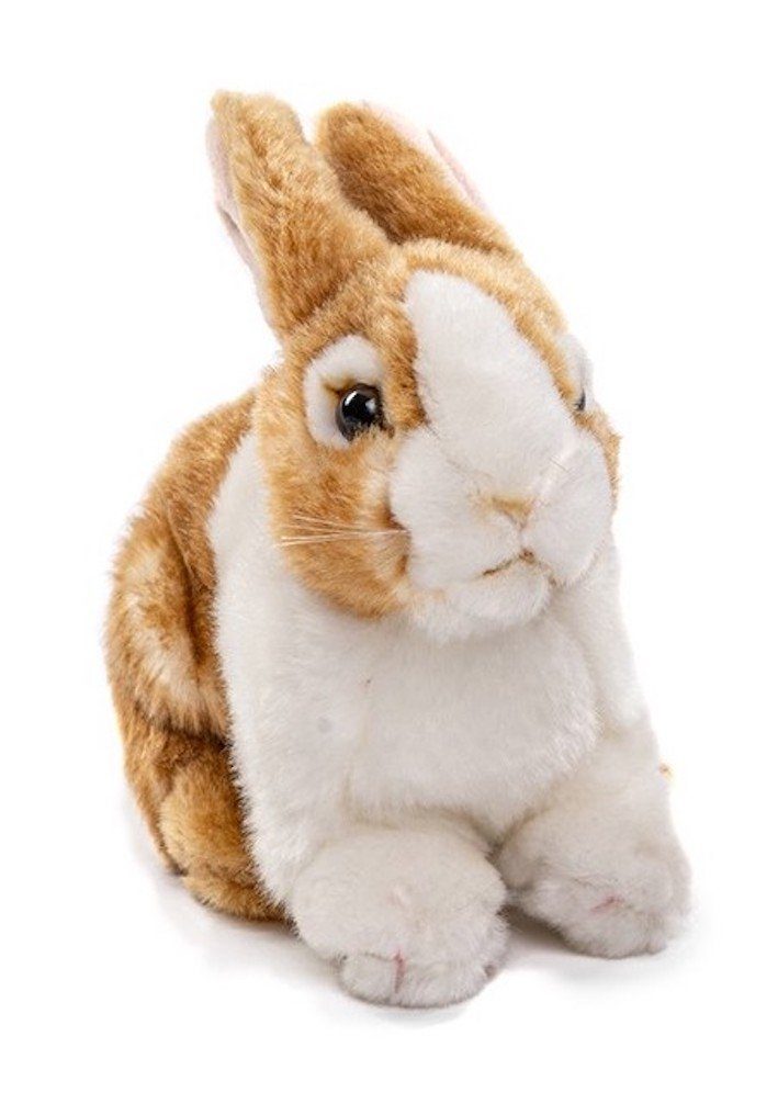 - braun-weiß Uni-Toys Plüschtier, 100 % oder Kuscheltier Plüsch-Hase, Kaninchen, Füllmaterial grau - braun recyceltes zu 20 - cm sitzend