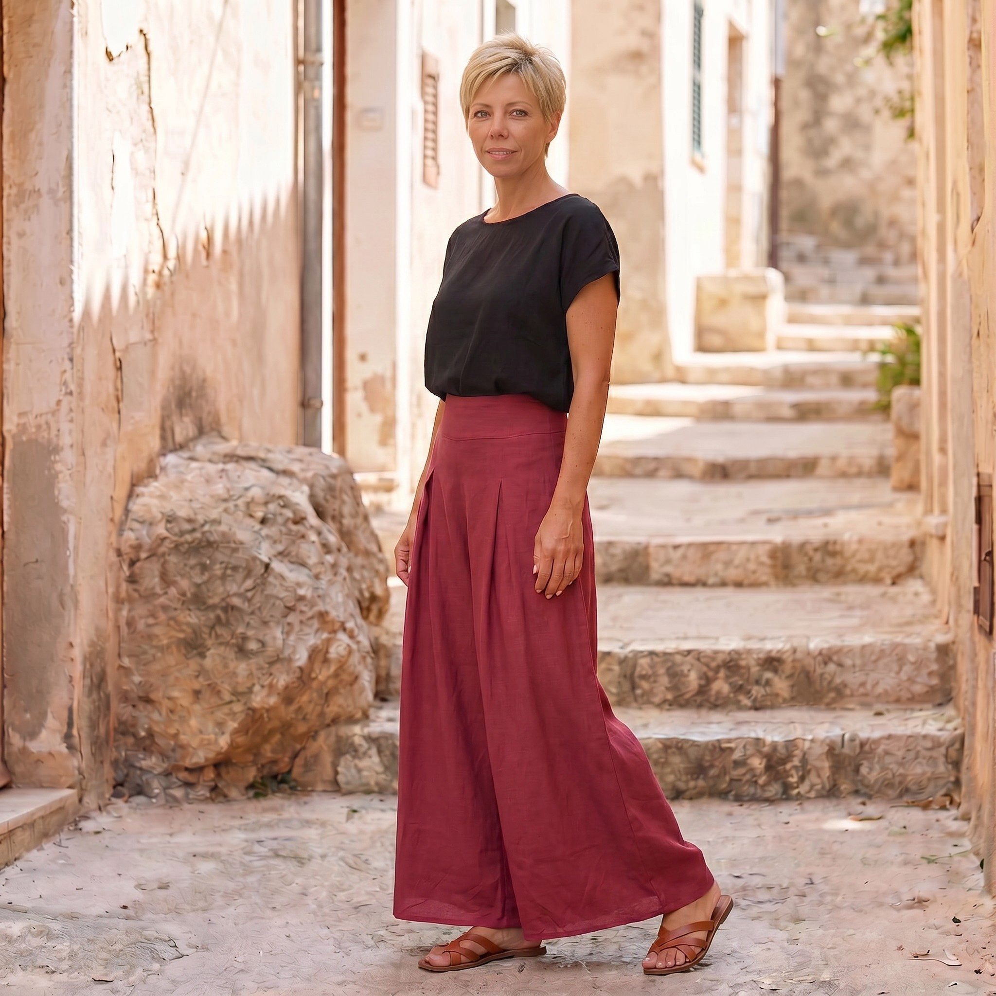 Guru-Shop Relaxhose Boho Hosenrock, weite Sommerhose - dunkelrot Ethno Style, alternative Bekleidung