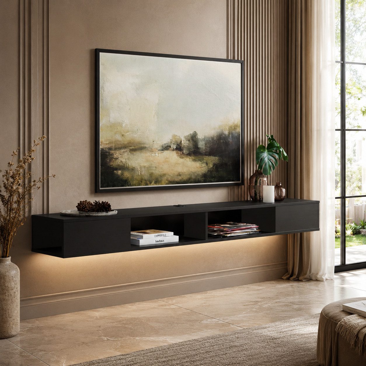 WAMPAT Lowboard ca. 180 cm breiter hängender TV-Schrank mit 4 Fächern (für Fernseher bis 80 Zoll, mit LED-Beleuchtung), TV Board, offene Seiten