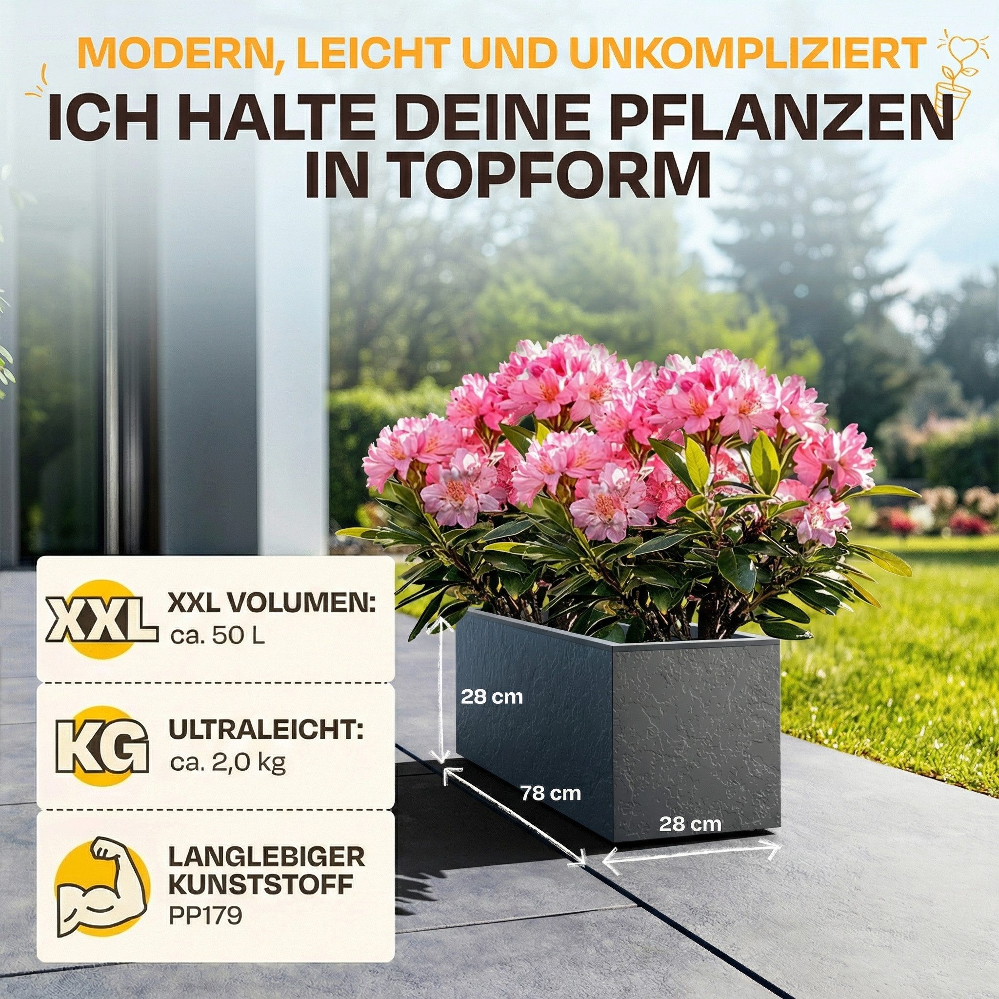 ONDIS24 Pflanzkübel Ondis24 Blumenkübel Vulkano, 50L Blumenkasten (2 St), mit cleverem Wasserspeicher am Boden