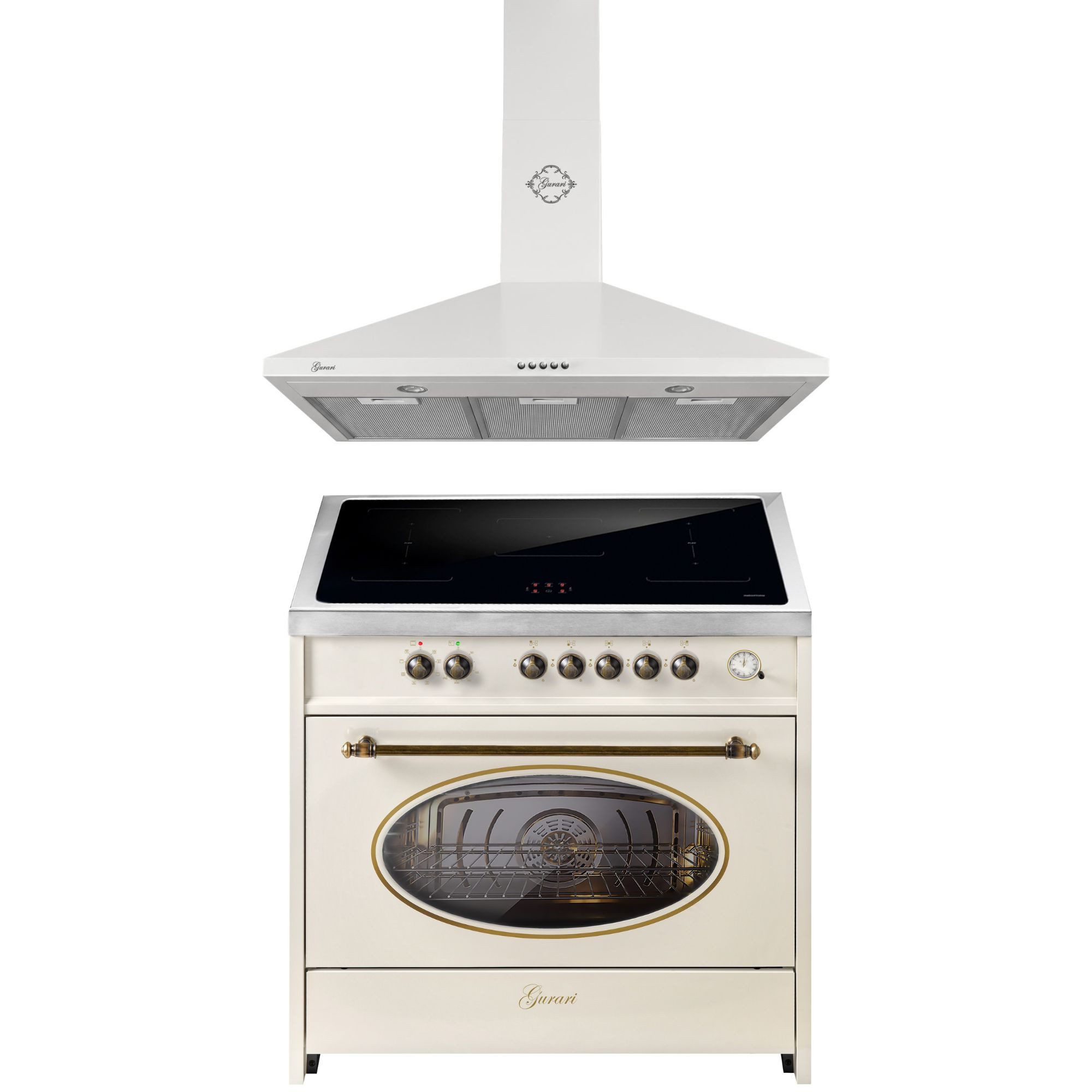 GURARI Induktions Herd-Set Retro Range Cooker 90 cm, FLEX ZONEN, Booster, 5 Zonen, 121L +Dunstabzugshaube 90cm 1000m³/h Weiß E 913 RU CR+GCH C 147 WH 9 N, mit 1-fach-Teleskopauszug