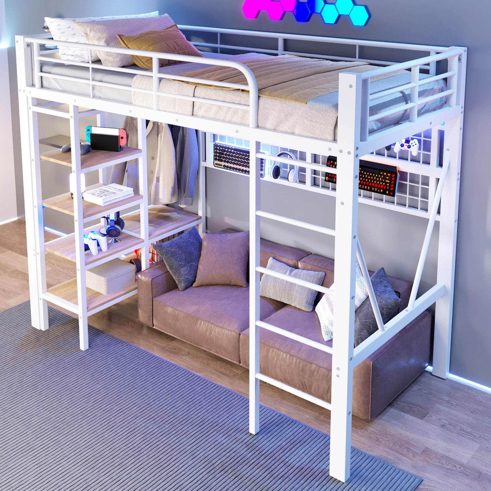 REDOM Hochbett mit LED-Beleuchtung, Netz zum Aufhängen (Jugendbett mit LED-Beleuchtung, Netz zum Aufhängen, Kleiderstange und Stauraum unter dem Bett, 90x200 cm) ohne Matratze