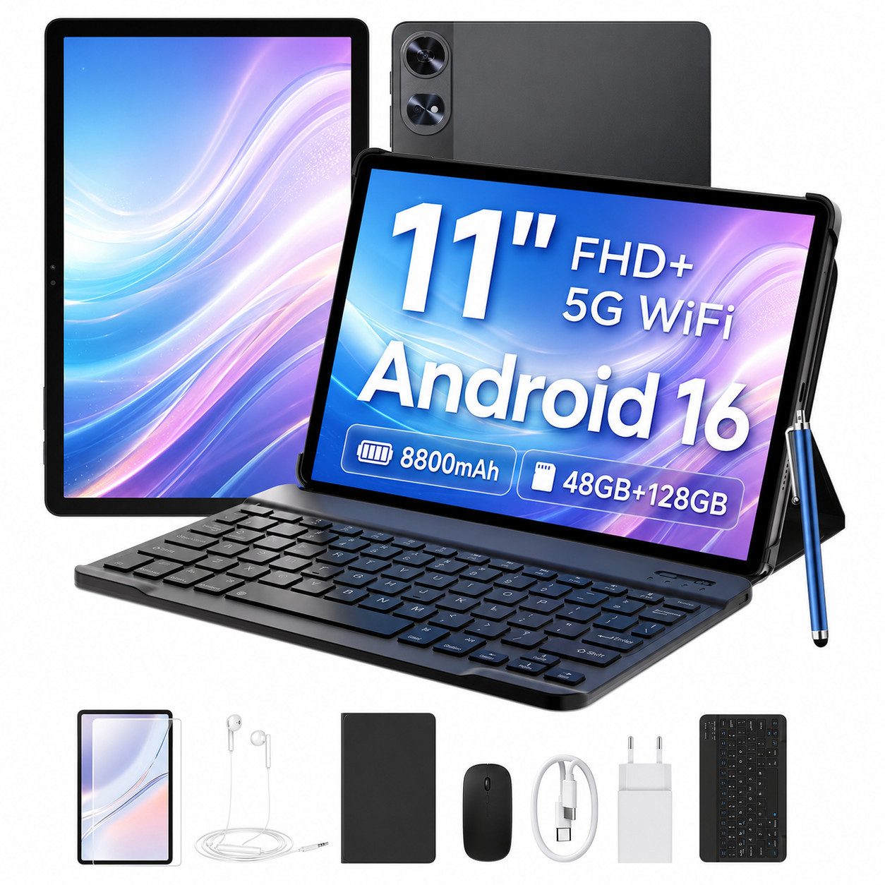 POCKAM 2026 P11 Pro Android 16 Tablet mit Tastatur 11" 2.4K FHD+ 8800mAh 18W Tablet (11", 128 GB, Android 16, WIFI, mit Tastatur, Stift & Maus, Gemini AI, Widevine L1, Face ID, GPS, OTG)