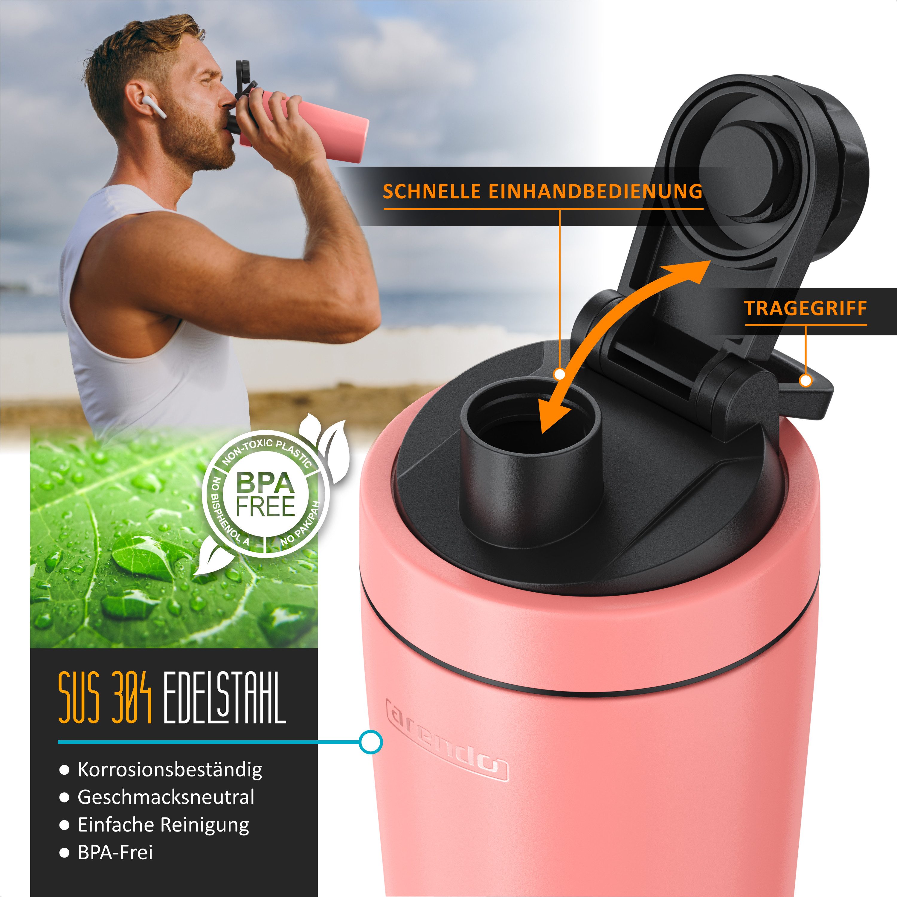 Arendo Protein Shaker Edelstahl Eiweißshaker 750 ml, korall, verschließbar, BPA-frei, Edelstahl, auslaufsicher, spülmaschinengeeignet, mit Tragegriff und Mixball