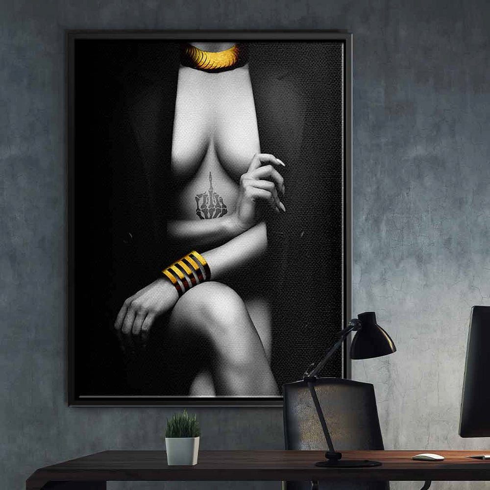 goldener Elegant Rahmen Frau Leinwandbild, DOTCOMCANVAS® premiu Leinwand Erotik grau schwarz gold elegant Pose mit