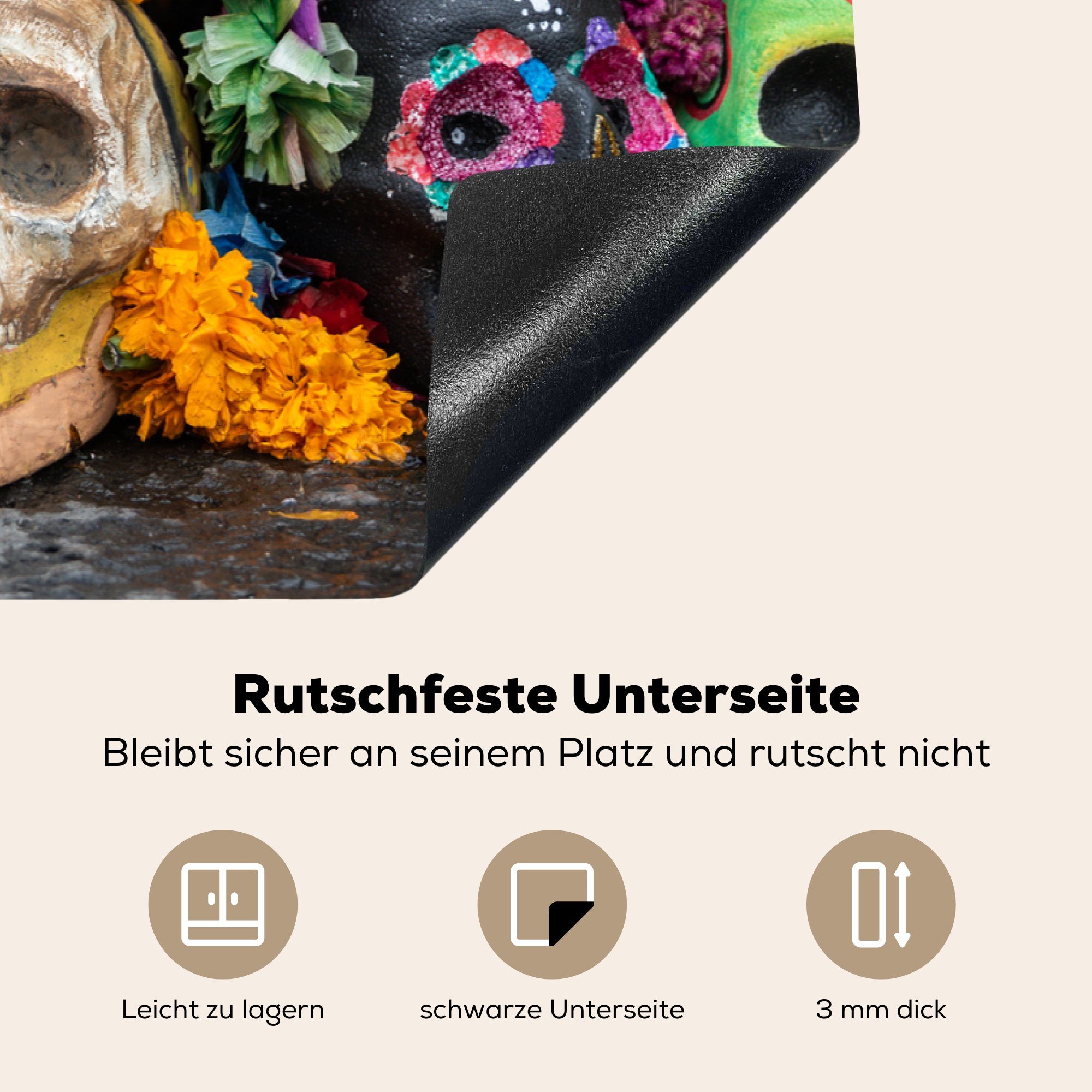 Herdblende-/Abdeckplatte Induktionskochfeld cm, die für Vinyl, Ceranfeldabdeckung Verzierte Schutz tlg), MuchoWow Blumen, küche, 81x52 (1 zwischen Totenköpfe