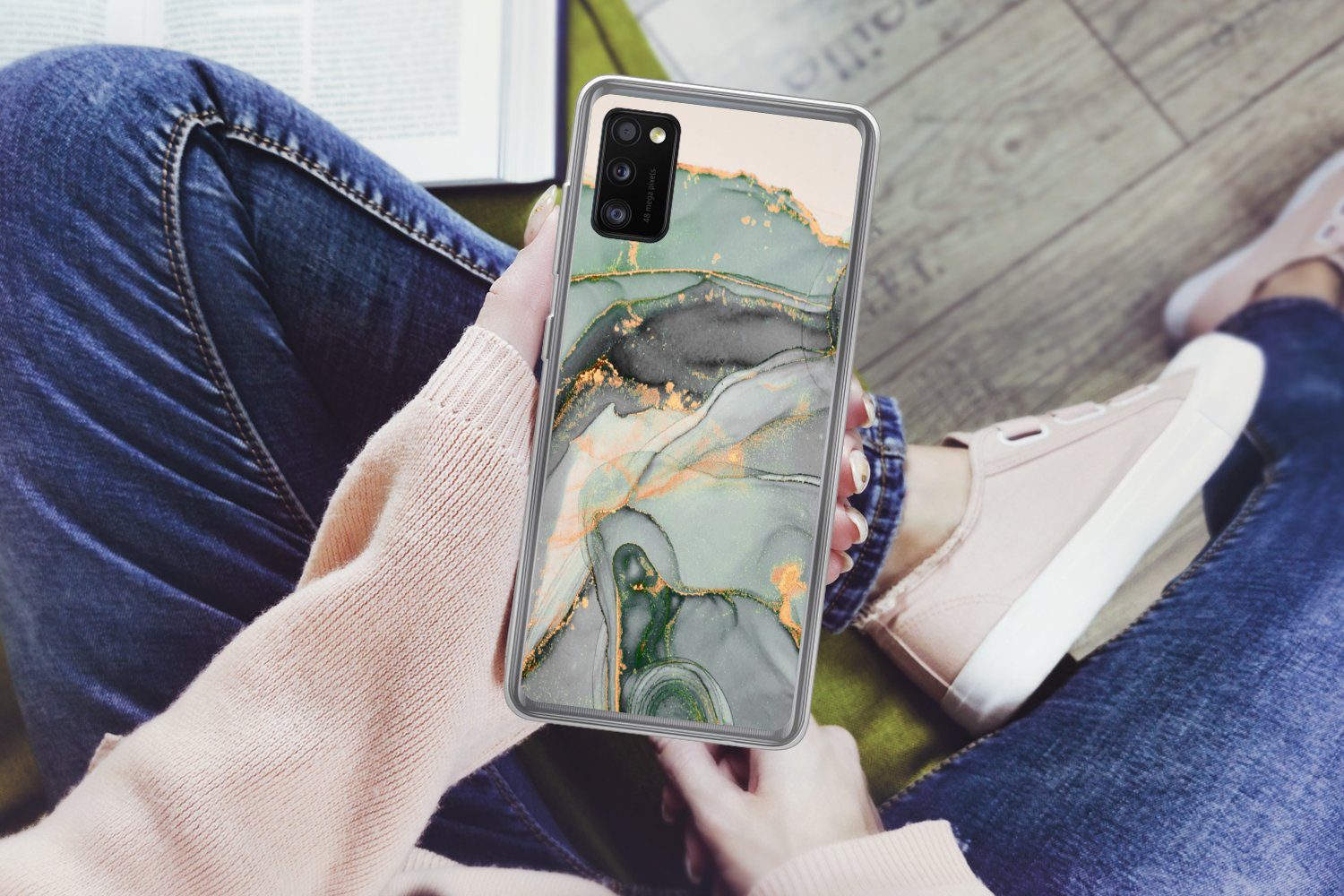 MuchoWow Handyhülle für Samsung Galaxy A41 Gold - Marmor - Grün - Luxus - Glitzer - Marmor, Smartphone-Bumper, Print, Handy Schutzhülle Dünn
