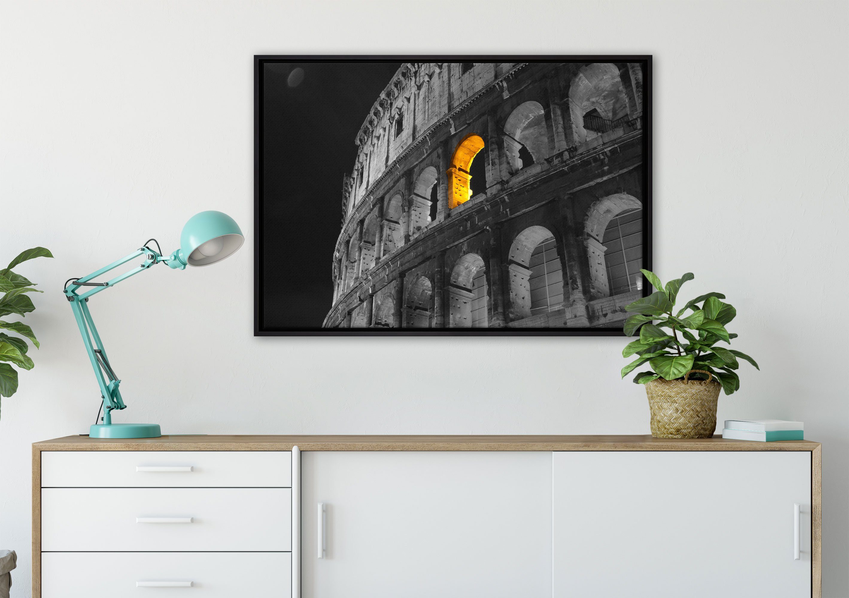 Pixxprint gefasst, Zackenaufhänger schönes inkl. einem (1 in Amphitheater bespannt, Leinwandbild fertig St), Leinwandbild in Rom, Wanddekoration Schattenfugen-Bilderrahmen
