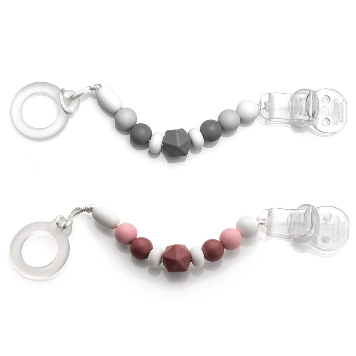 MiaMia Schnuller Grau Beere, 2x Schnullerkette Schnullerband mit Silikon Perlen, Gummiring & Clip
