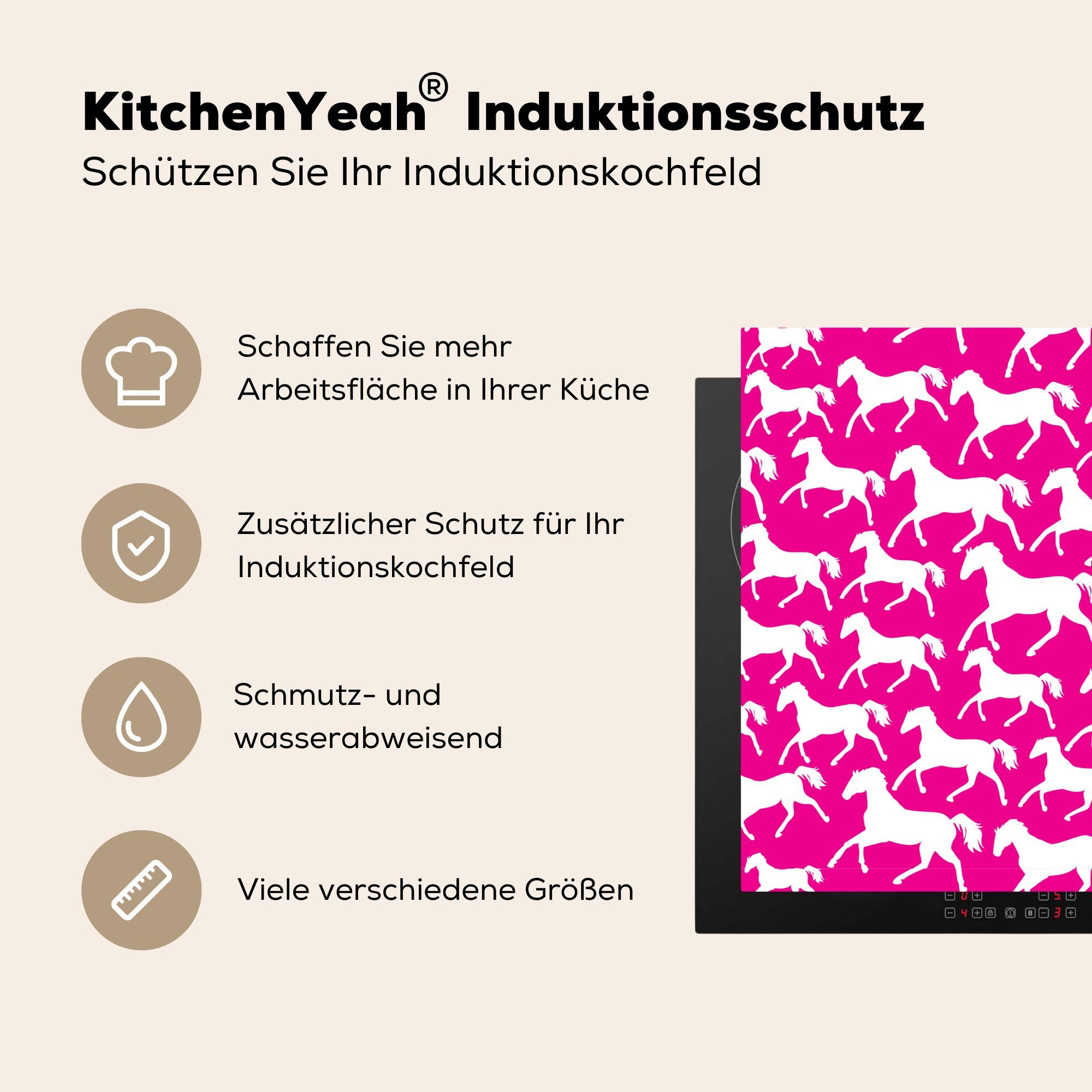 MuchoWow Herdblende-/Abdeckplatte Pferde küche Rosa - - Mädchen Arbeitsplatte - Vinyl, Kinder tlg), Weiß - Mädchen, für cm, - (1 Ceranfeldabdeckung, 78x78