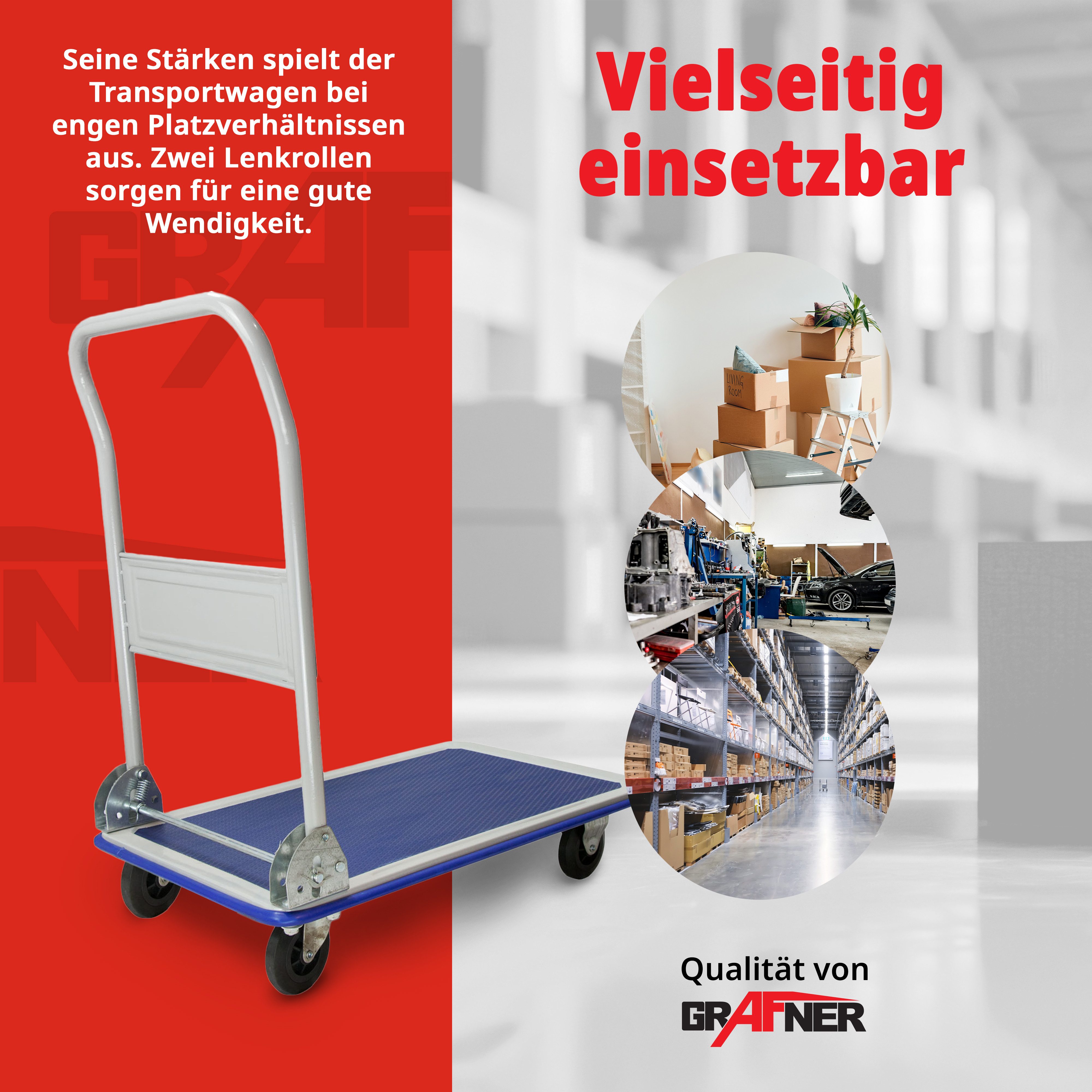 Grafner platform trolley, 150kg load capacity, storage trolley, transport area 82 x 47 cm, max. load capacity 150 kg