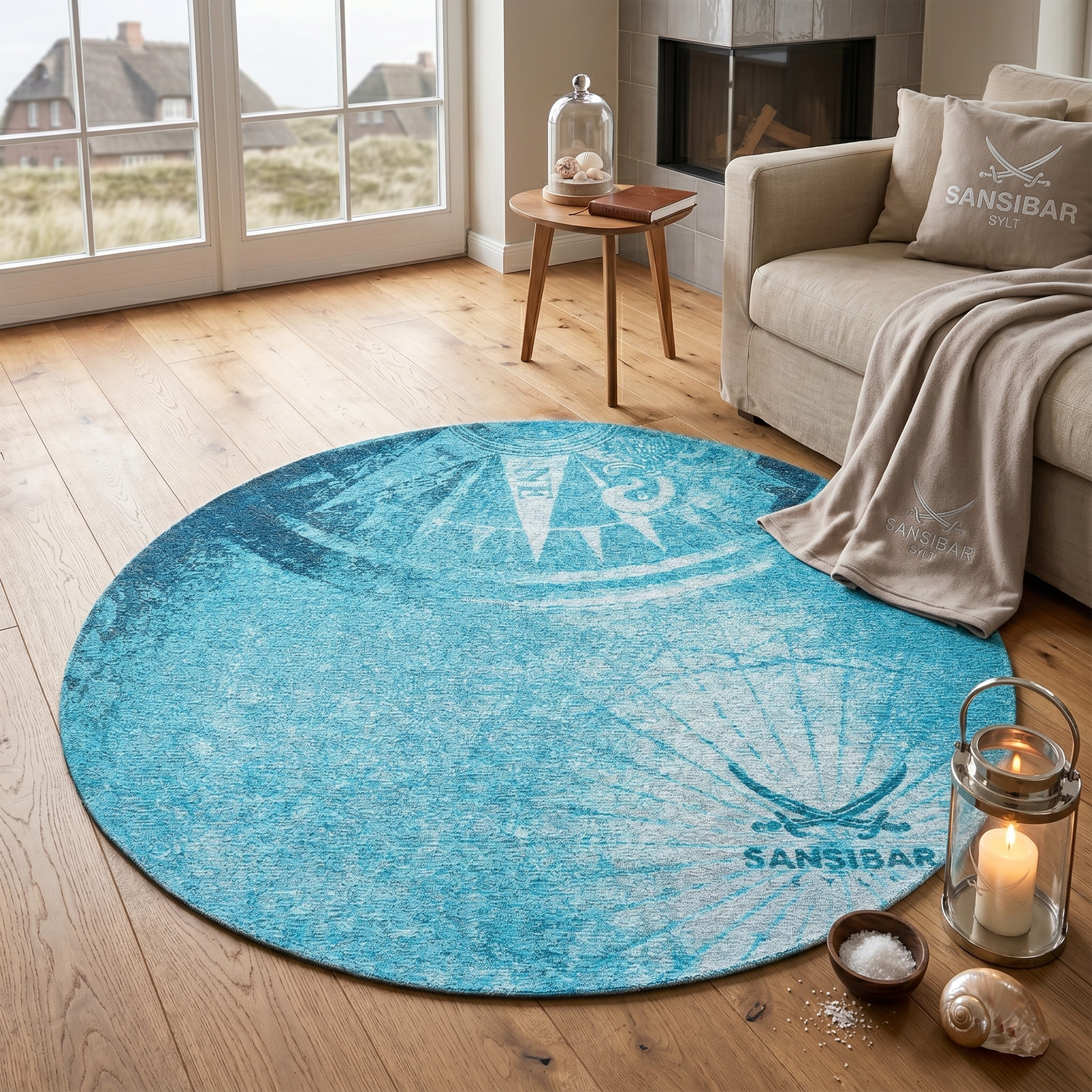 Sansibar Teppich Keitum 011, rund, Höhe: 3 mm, Flachgewebe, modernes Design, Motiv Kompass