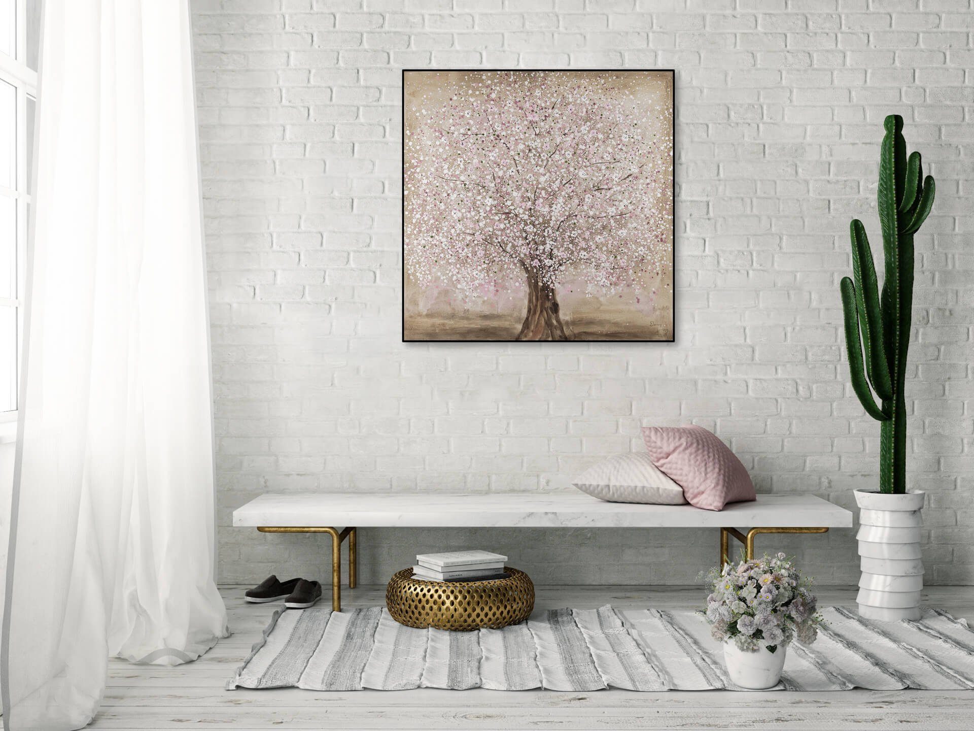 Gemälde Leinwandbild 100% KUNSTLOFT Frühlingstraum 80x80 Wandbild Rosa Wohnzimmer cm, HANDGEMALT