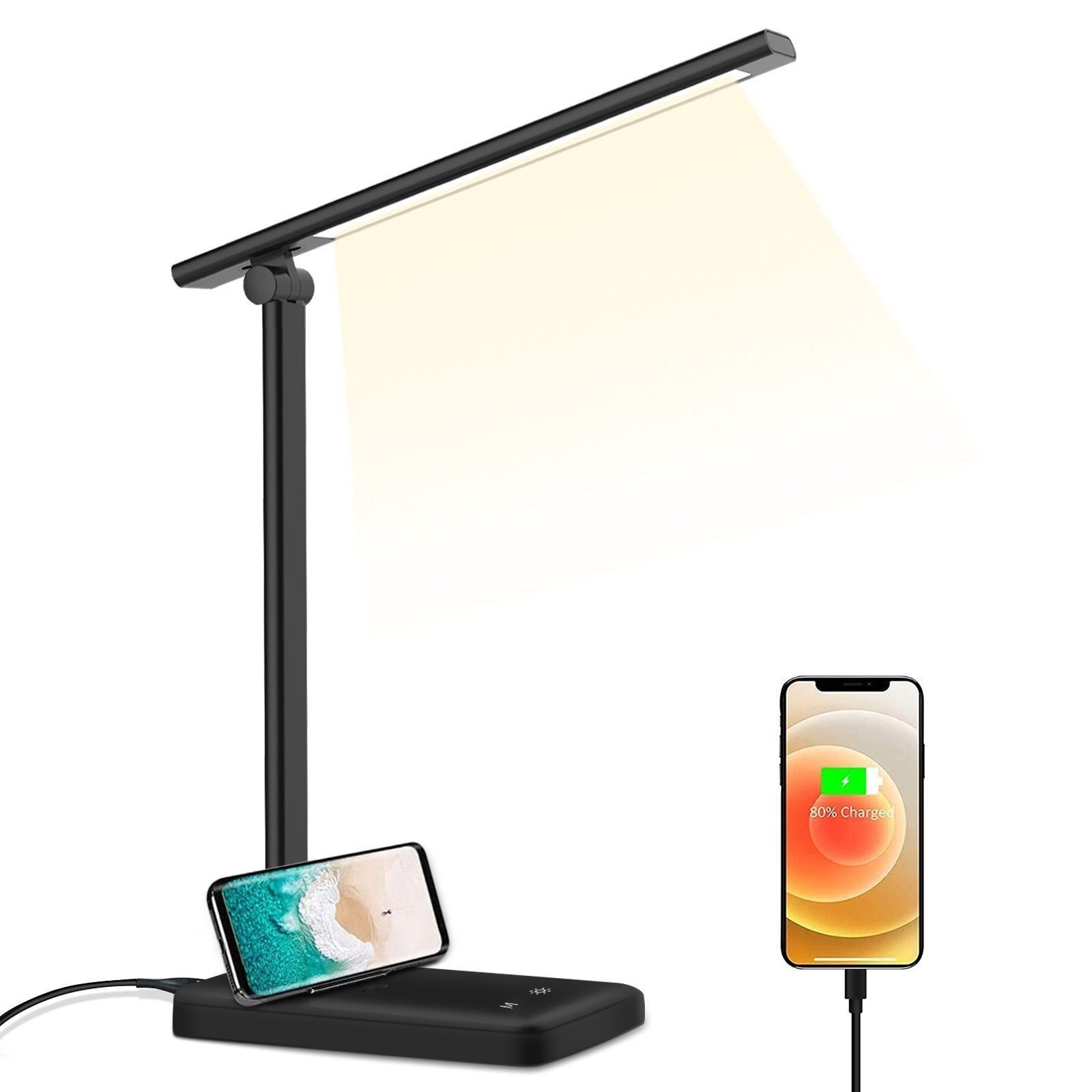 MDHAND LED Schreibtischlampe LED Dimmbare Tischleuchte 8W Tischlampe, Augenschutz-Modus, LED fest integriert, USB-Anschluss