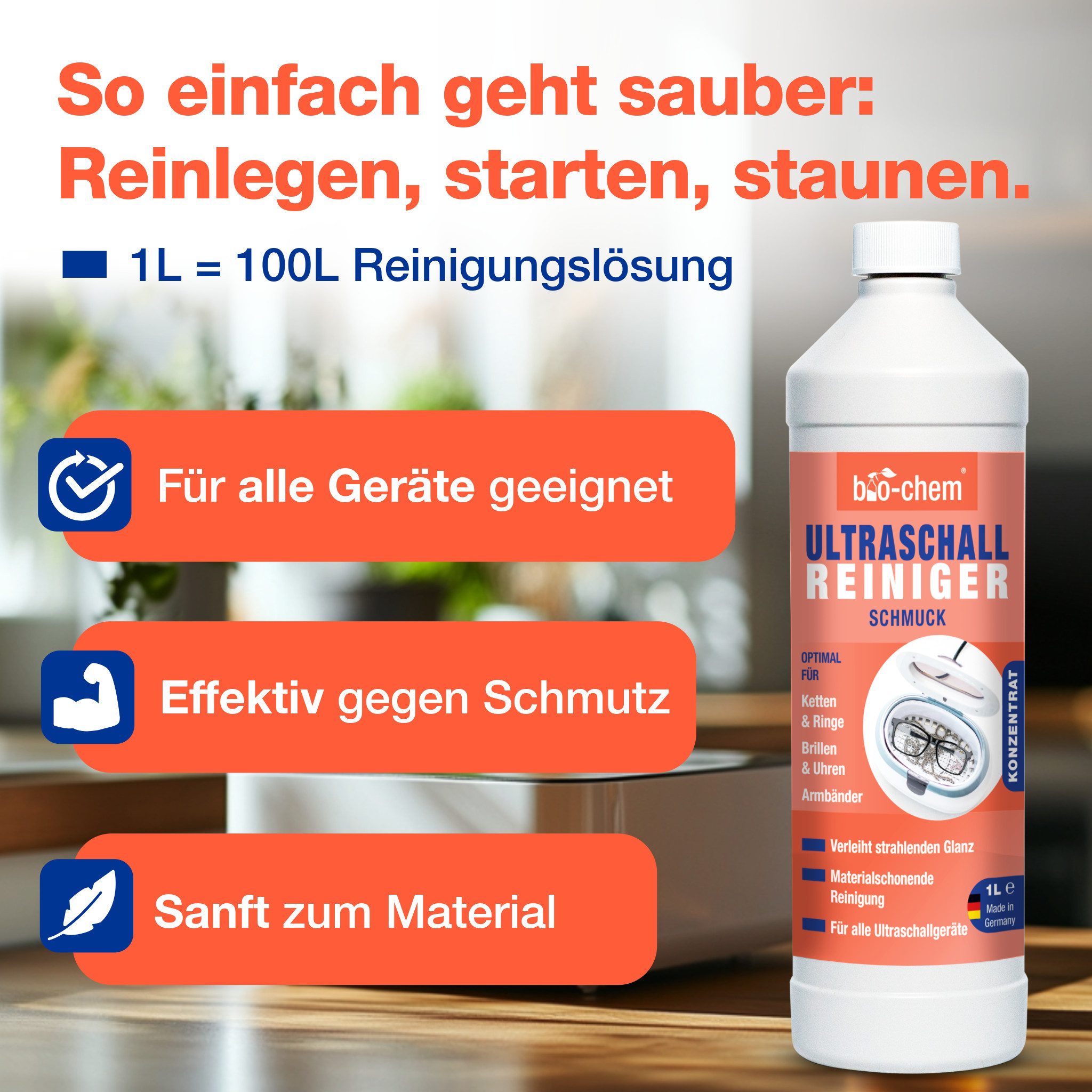 bio-chem Ultraschallreiniger Ultraschallreiniger Konzentrat 1000 ML – für Ultraschallgeräte