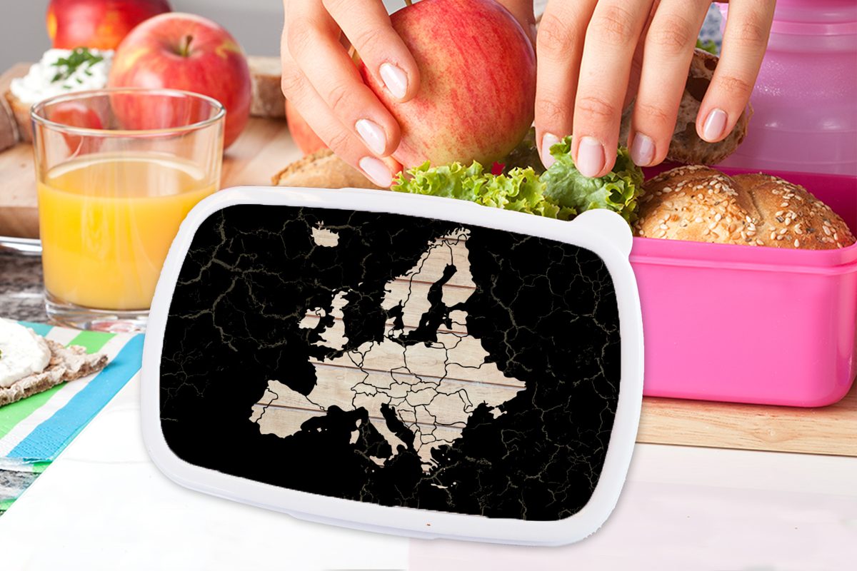 Karte Brotbox Kunststoff, Snackbox, Kunststoff Mädchen, Lunchbox Brotdose - für Erwachsene, (2-tlg), Europa MuchoWow rosa Holz, von - Schwarz Kinder,
