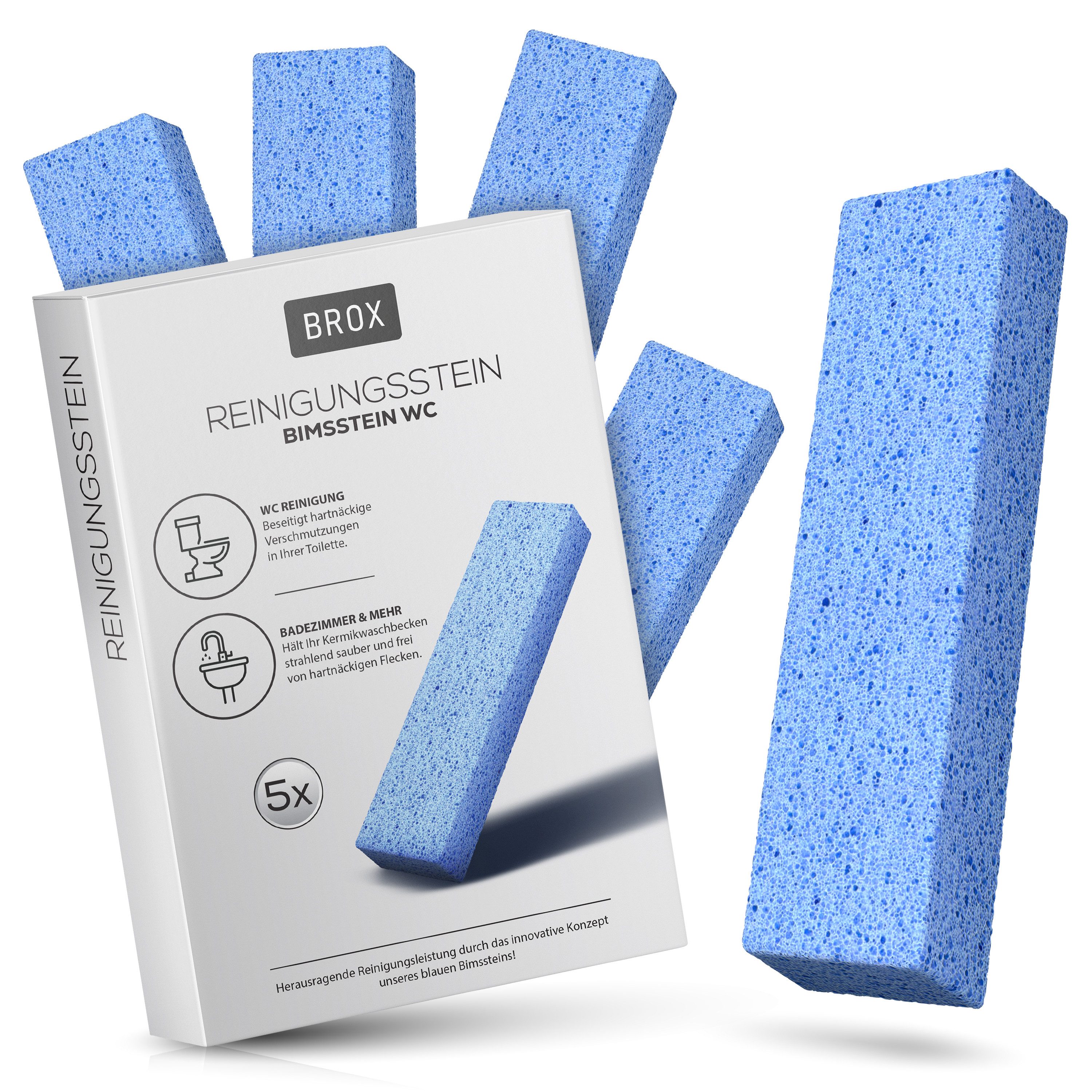 BROX WC-Reinigungsbürste – Bimsstein Toilette & Bimssteine WC, Blau, Kalk & Urinsteinentferner, (SPAR-SET, 5-tlg), Nachhaltig & Wiederverwendbar