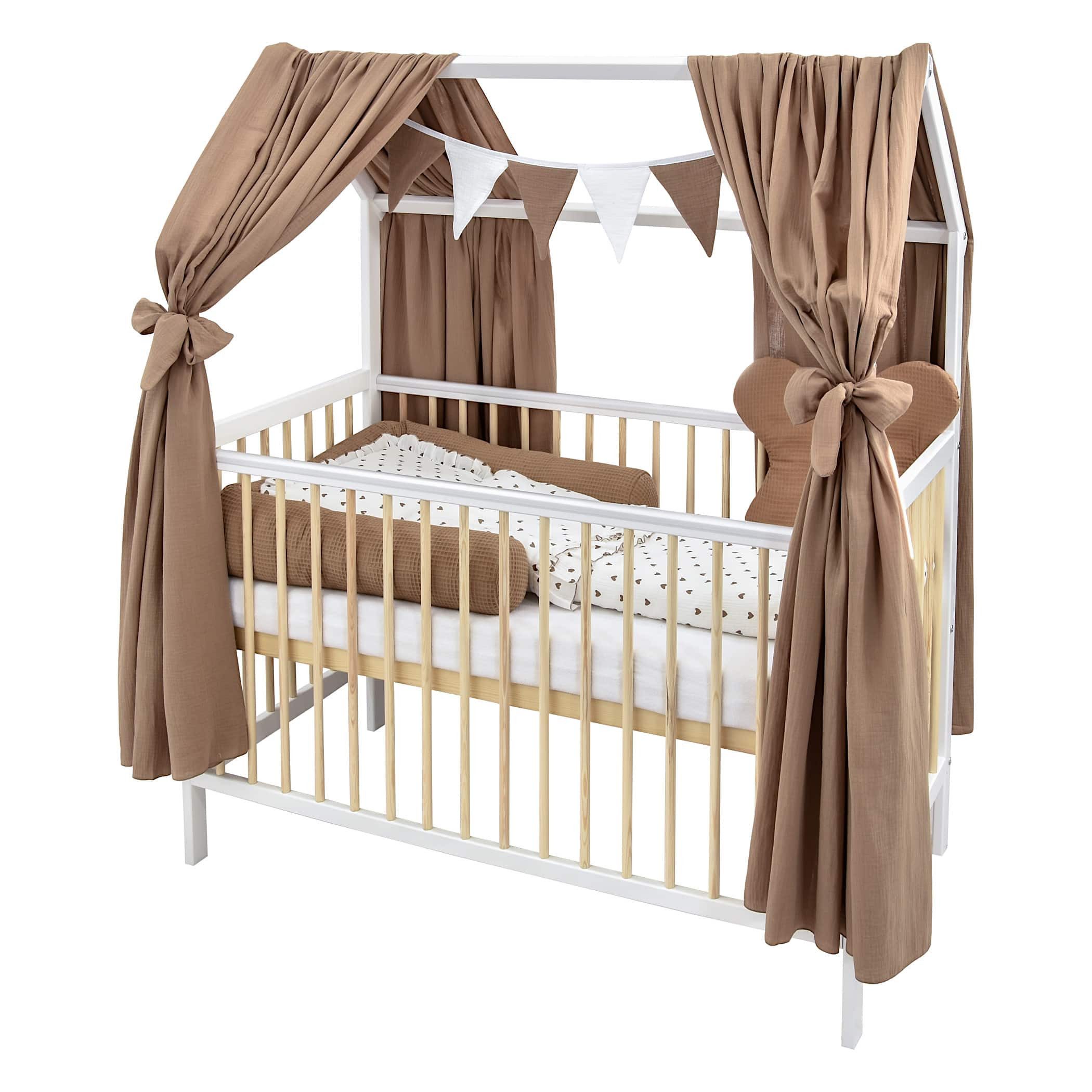 Baby-Delux Komplettbett Hausbett Babybett Komplettset Waffelpique Musselin, 12-tlg., Kinderbett 60x120 cm weiß Natur, Bettset verschiedene Designs