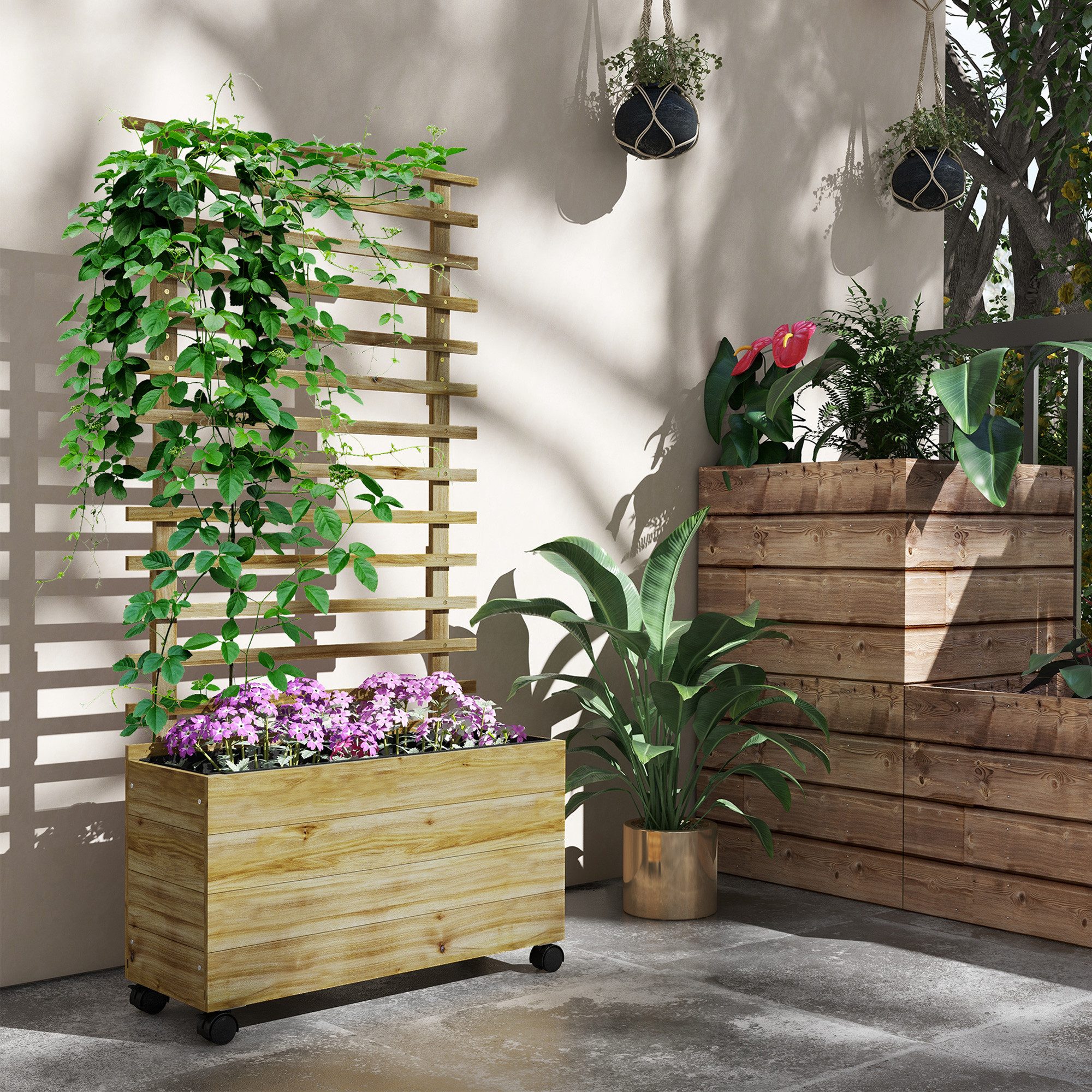 Outsunny Hochbeet mit Rolle, Spalier, 76 x 30 x 155cm (Pflanzkasten mit Rankgitter, 1 St., Blumenkasten aus Holz), für Garten Balkon Terrasse, für Kletterpflanzen Korbpflanzen, Blumen