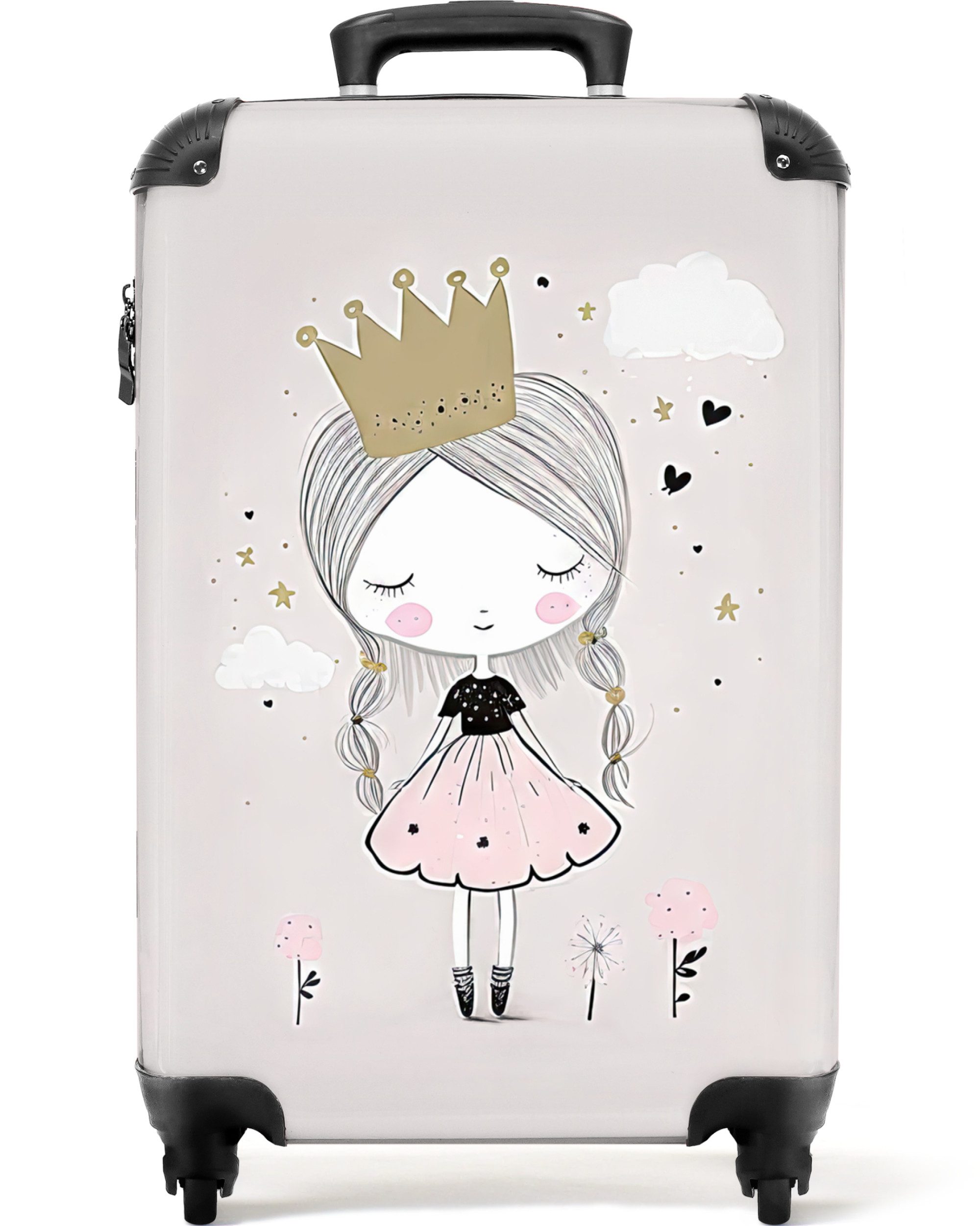 NoBoringSuitcases.com© Kinderkoffer Prinzessin - Blumen - Krone - Mädchen - Sterne 55x35x20cm, 4 Rollen, Handgepäck-Koffer, Kinderkoffer, Reisekoffer Mädchen