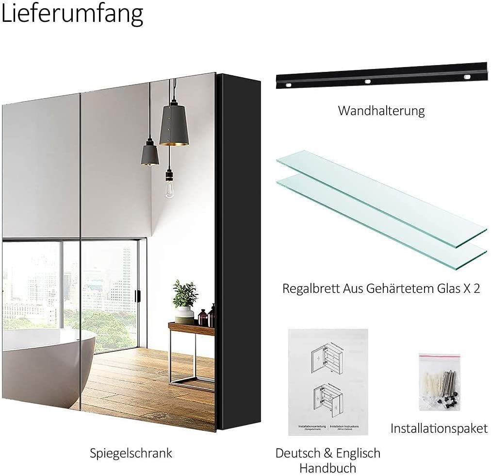 EMKE Spiegelschrank bad 60X65cm 2-türig Badezimmer Spiegelschrank Verstellbare Trennwand Schrank mit Doppelseitigem Spiegel