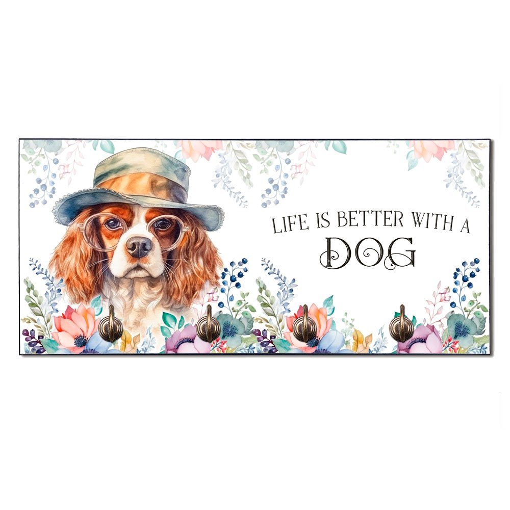Cadouri Wandgarderobe KING CHARLES SPANIEL Hundegarderobe - Wandboard für Hundezubehör (Garderobe mit 4 Haken), MDF, mit abgeschrägten Ecken, handgefertigt, für Hundebesitzer | Garderobenpaneele