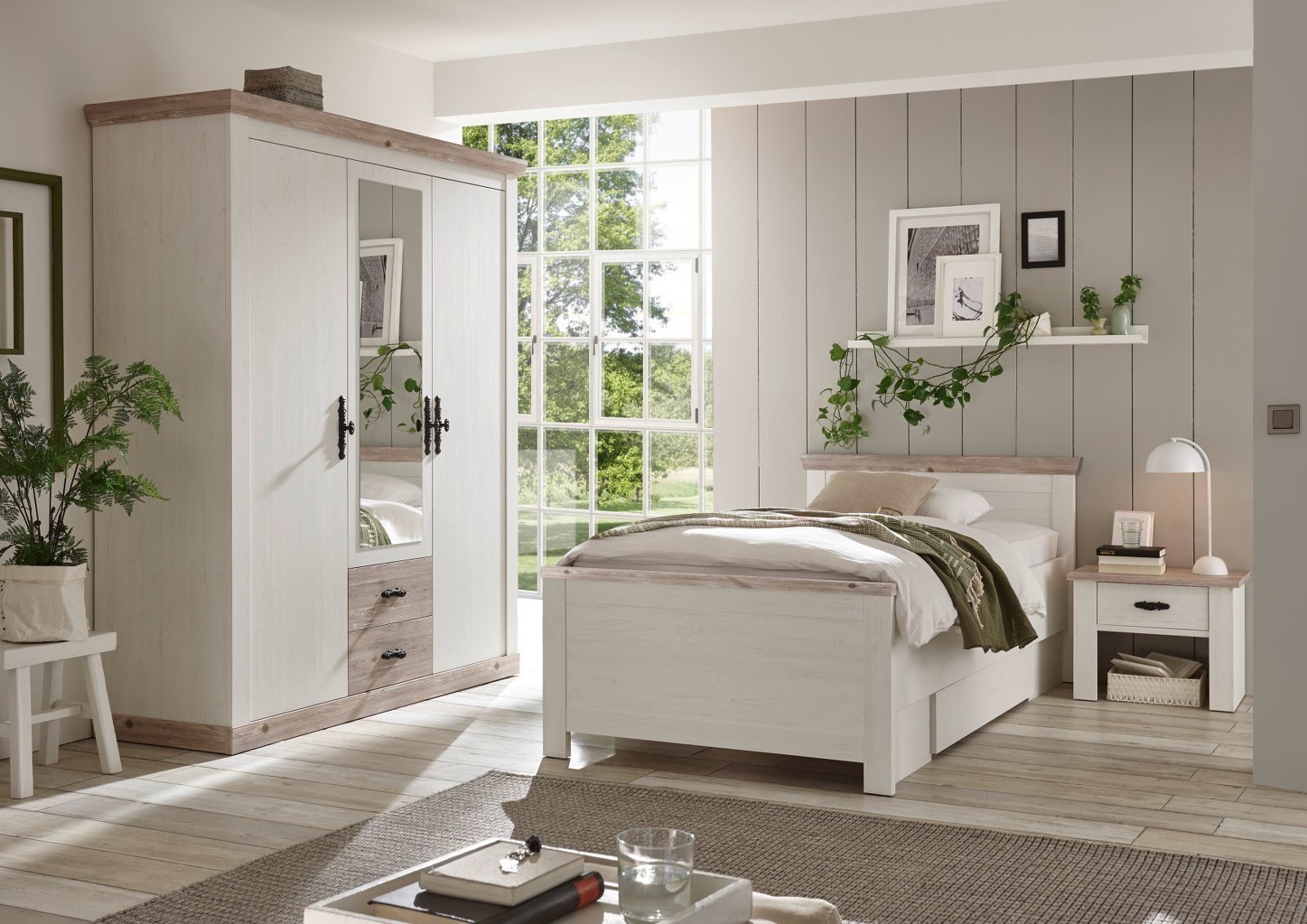 Einlasstiefe 100 x weiß Furn.Design Bett in mit verstellbarer (Einzelbett Landhaus, Pinie 200 Rovola cm), Liegefläche