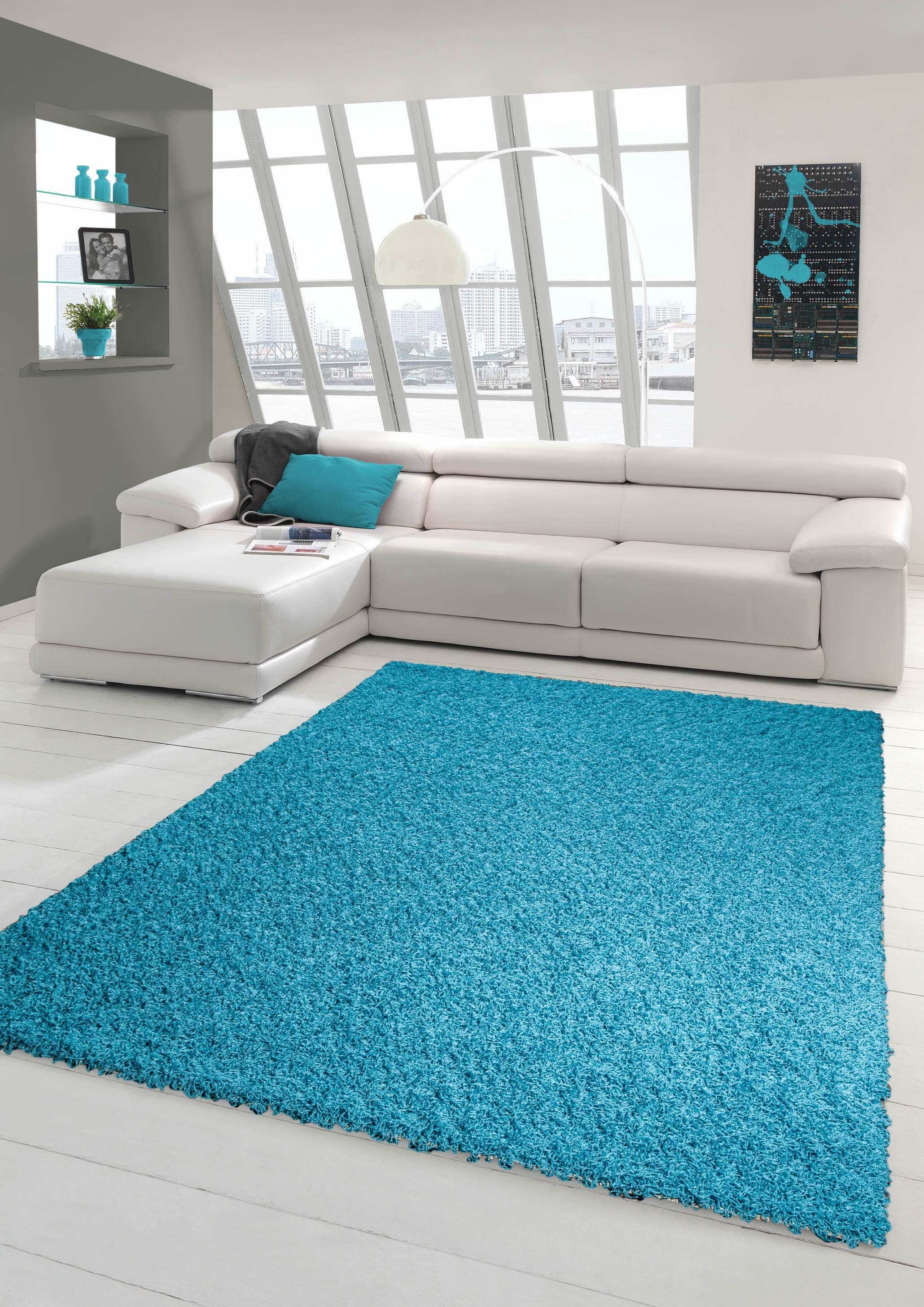 Hochflor-Teppich Shaggy Teppich Hochflor Langflor Teppich Wohnzimmer Teppich  Gemustert in Uni Design Türkis, Teppich-Traum, rechteckig, Höhe: 30 mm