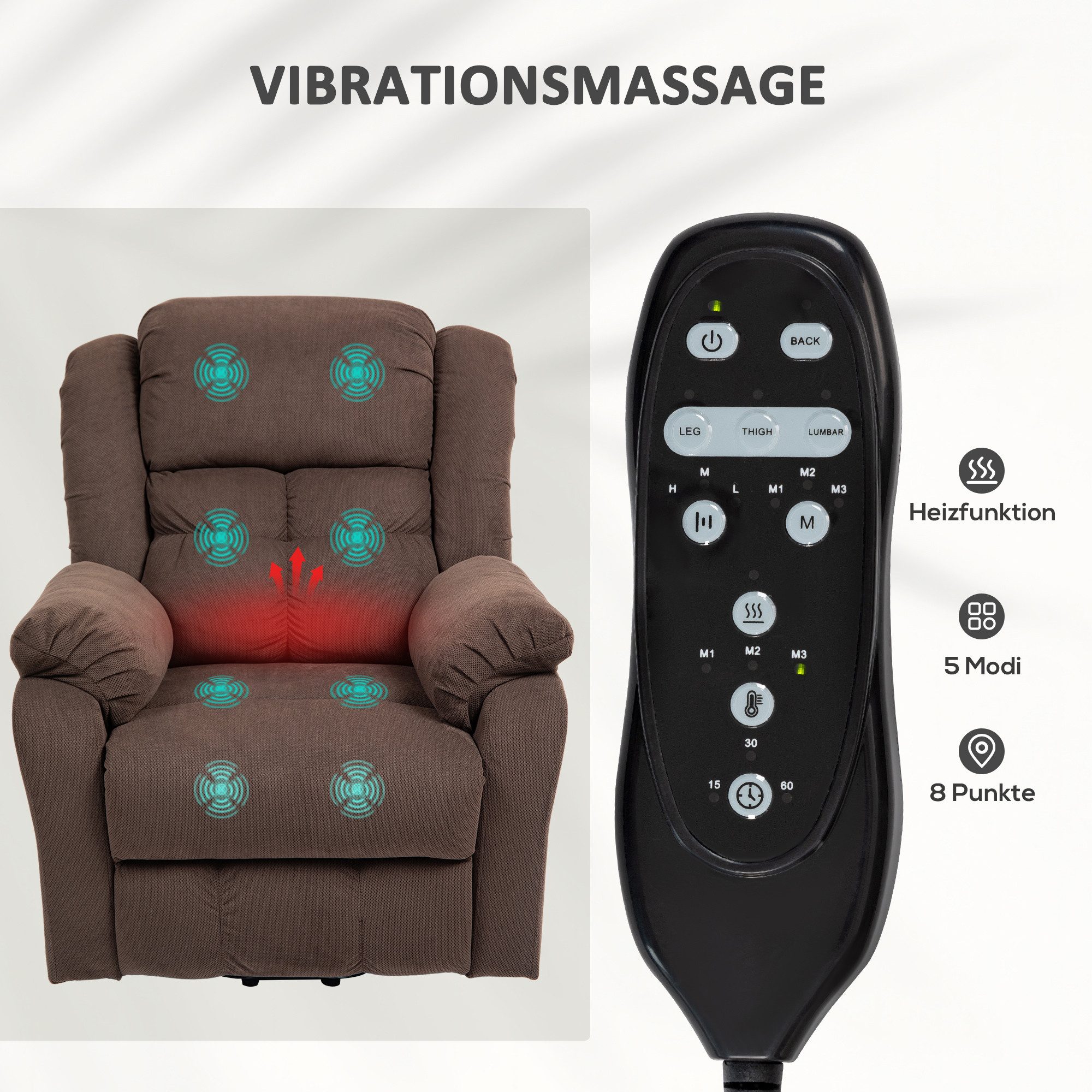 HOMCOM Relaxsessel Elektrischer Fernsehsessel mit Liegefunktion (Set, 1-St., 1), Aufstehhilfe, 8-Punkt-Massage, Lendenwärme – Bild 5 von 5