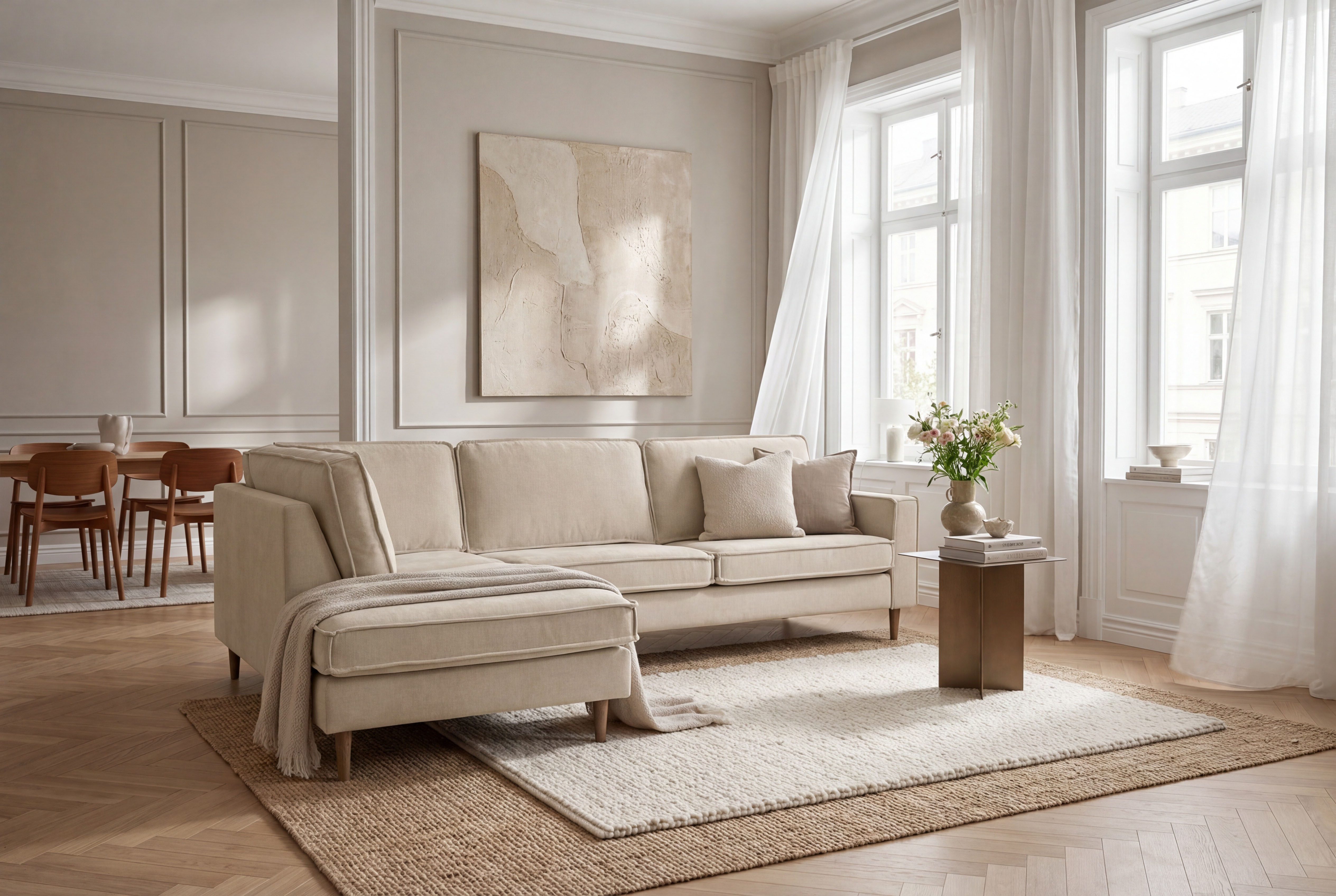 Home affaire Ecksofa Pinto Skandi, 290 cm, Chenille, Struktur, Ottomane links / rechts, mit Keder, Massivholzfüße Eiche geräuchert, Wellenunterfederung