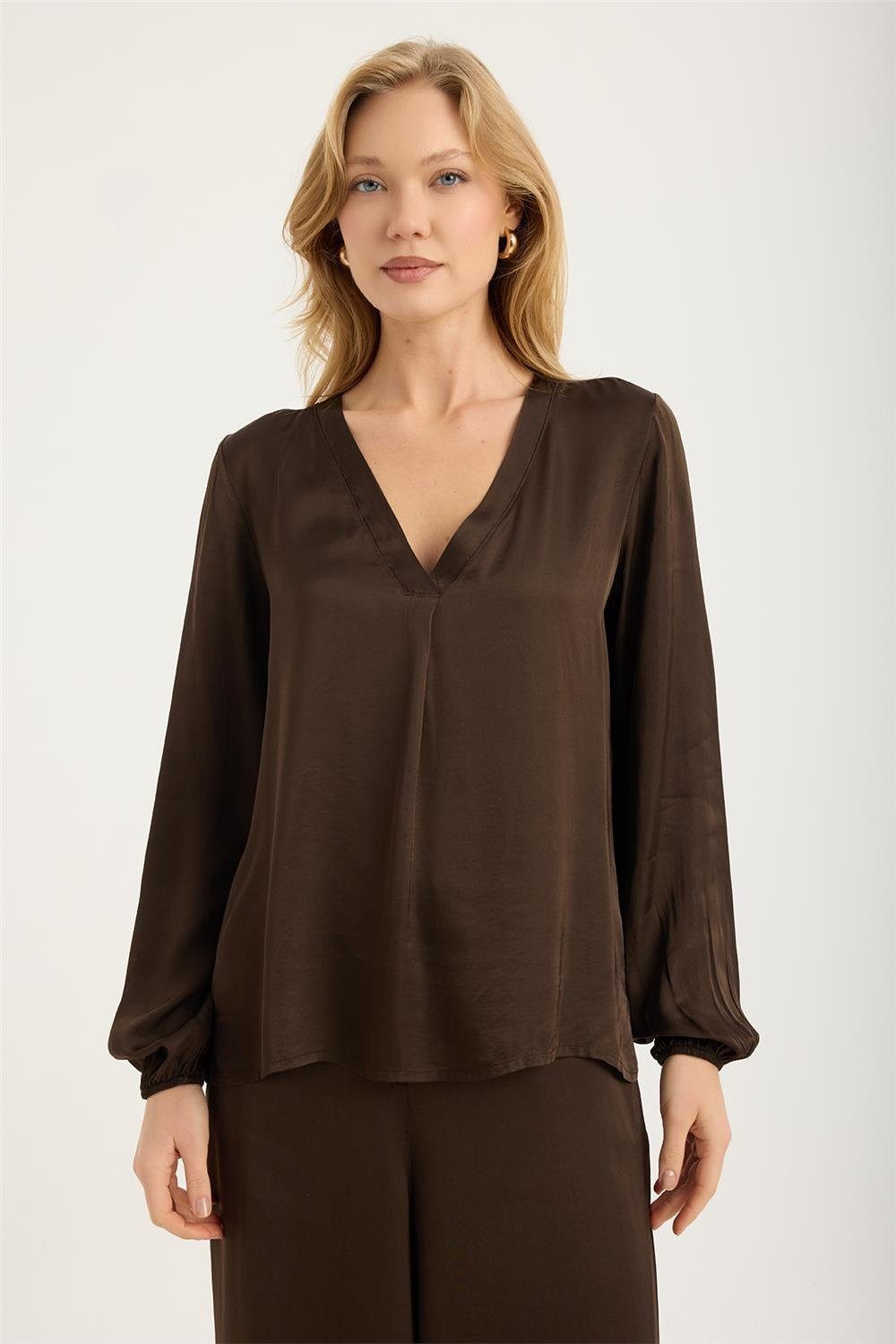 Blusentop V-Ausschnitt Bluse mit Gummizug