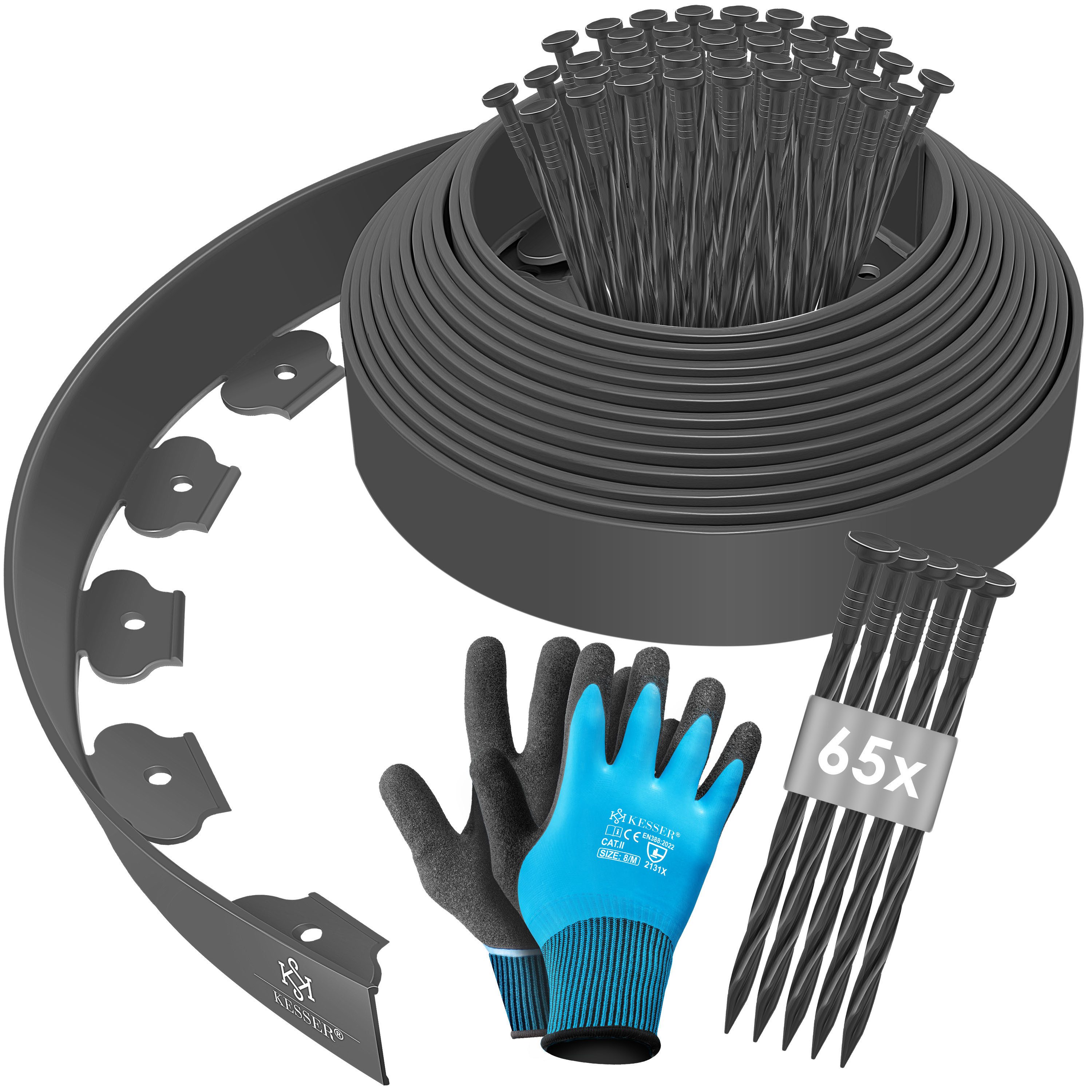 KESSER Rasenkante Flexible Beetumrandung aus Kunststoff 10/ 20/ 30/ 40/ 50m - Höhe 5cm, Mähkante Pflastersteine Palisade, Rasenkante mit Erdanker + Handschuhe Beeteinfassung Beetbegrenzung