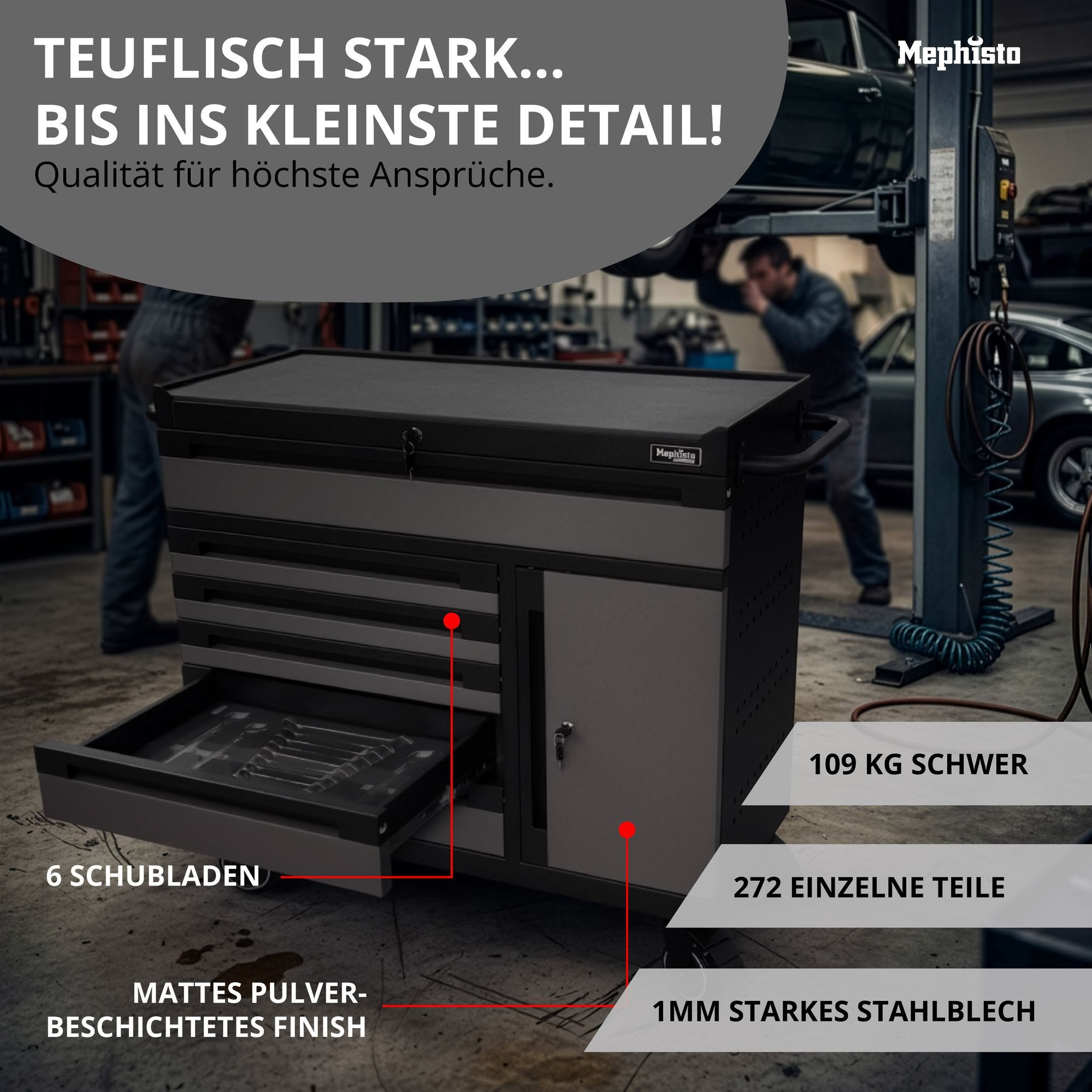 Mephisto-Tools Werkzeugwagen, (fertig montiert und bestückt), 6 Schubladen bis zu 40 kg belastbar plus 1 Tür, 4 Schlüssel inkl.