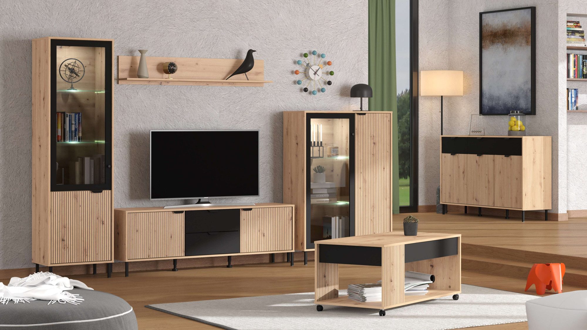 Home affaire Wohnzimmer-Set Mayenne, inkl. Vitrine H195cm, Highboard H137,5cm, TV-Board, Wandregal, (Komplett-Set, 4-St), Es besteht die Möglichkeit, Beleuchtung hinzuzufügen. Breite 304,5 cm