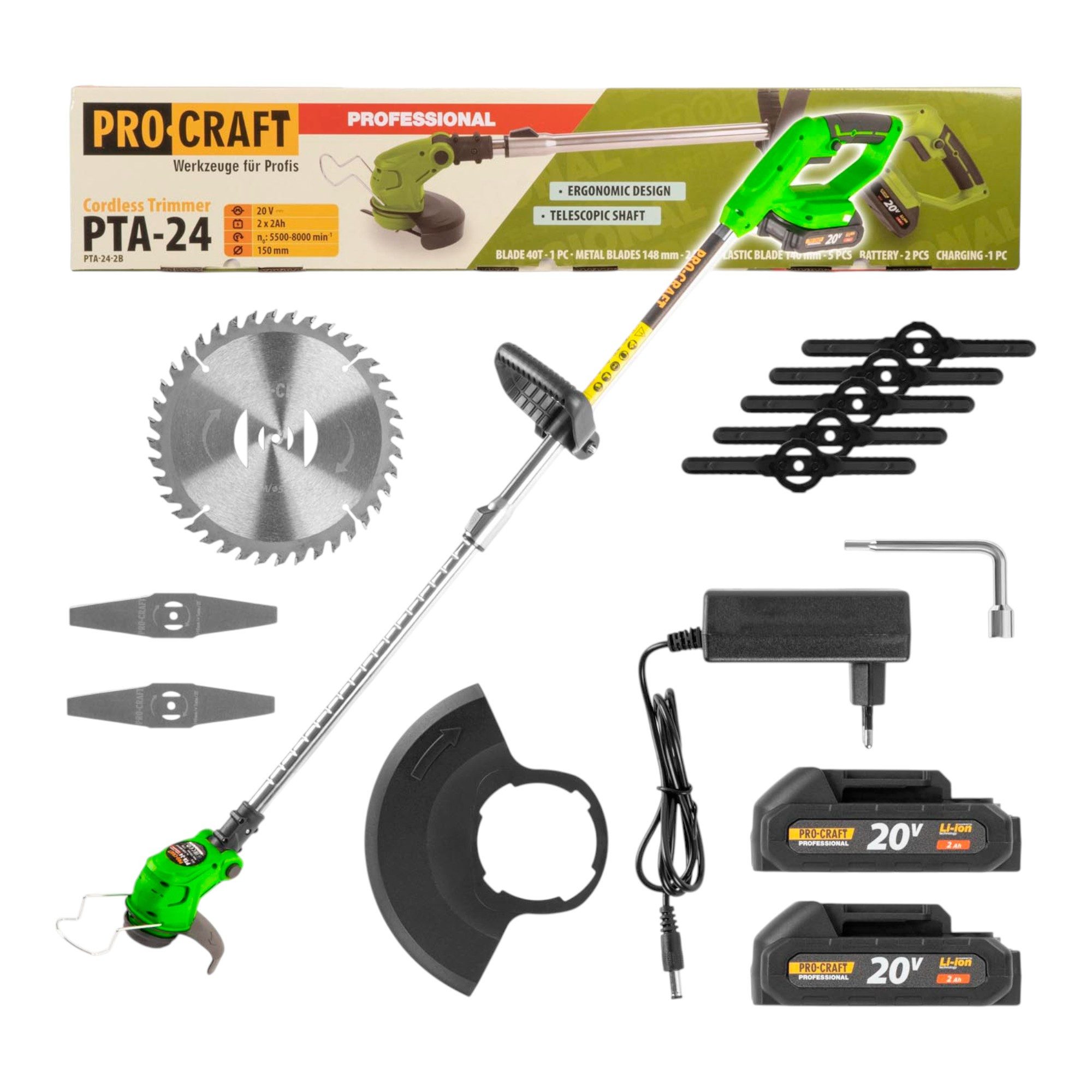 PRO CRAFT Akku-Rasentrimmer Procraft PTA24 Akku Trimmer 20 V 150 mm + 2x Akku 2,0 Ah + Ladegerät