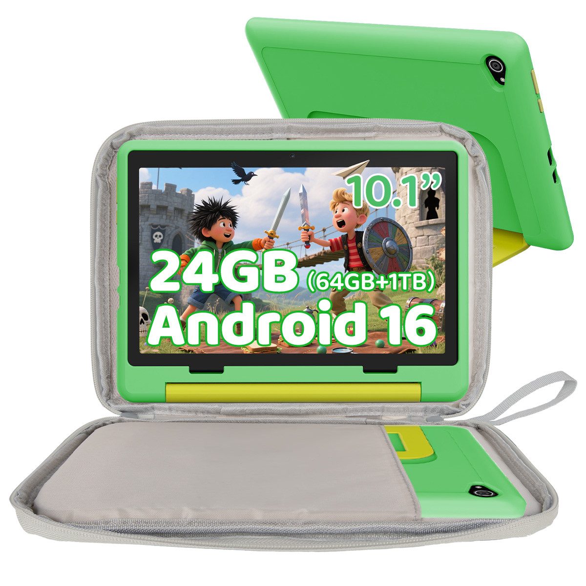 BUFO 10 Zoll 24(3+21)GB RAM+64GB ROM 1280x800 HD-Display Android16 Kinder Tablet (10,1", 64 GB, Android 16, WIFI, Anti-Blaulicht, Vorinstallierte Kinder Lernsoftware, Robustes Design)