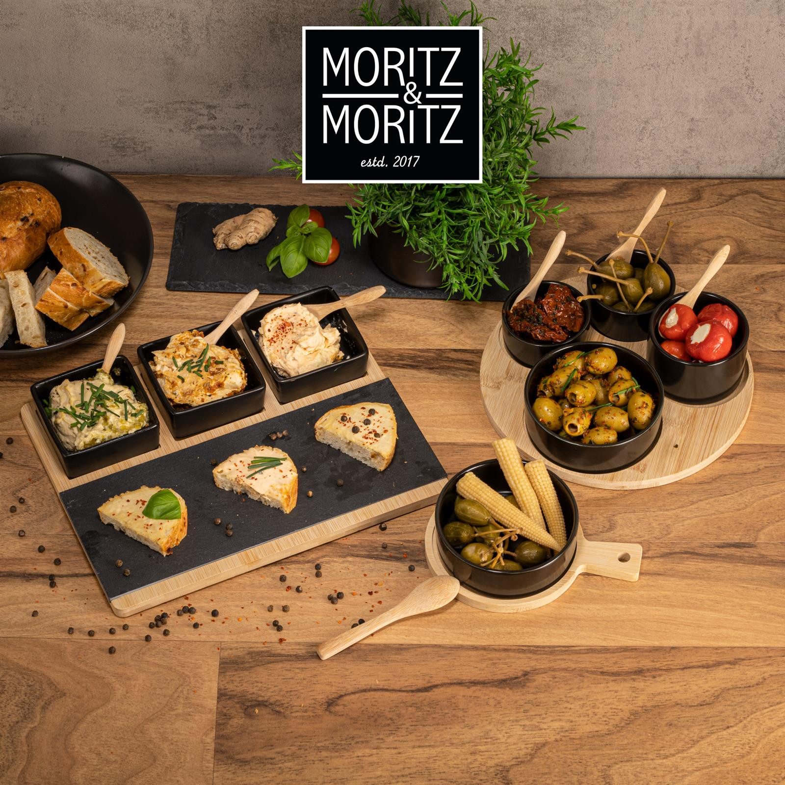 Moritz & Moritz Servierschale Moritz & Moritz 4x Dipschalen schwaz rund, Keramik, Bambus Servierteller